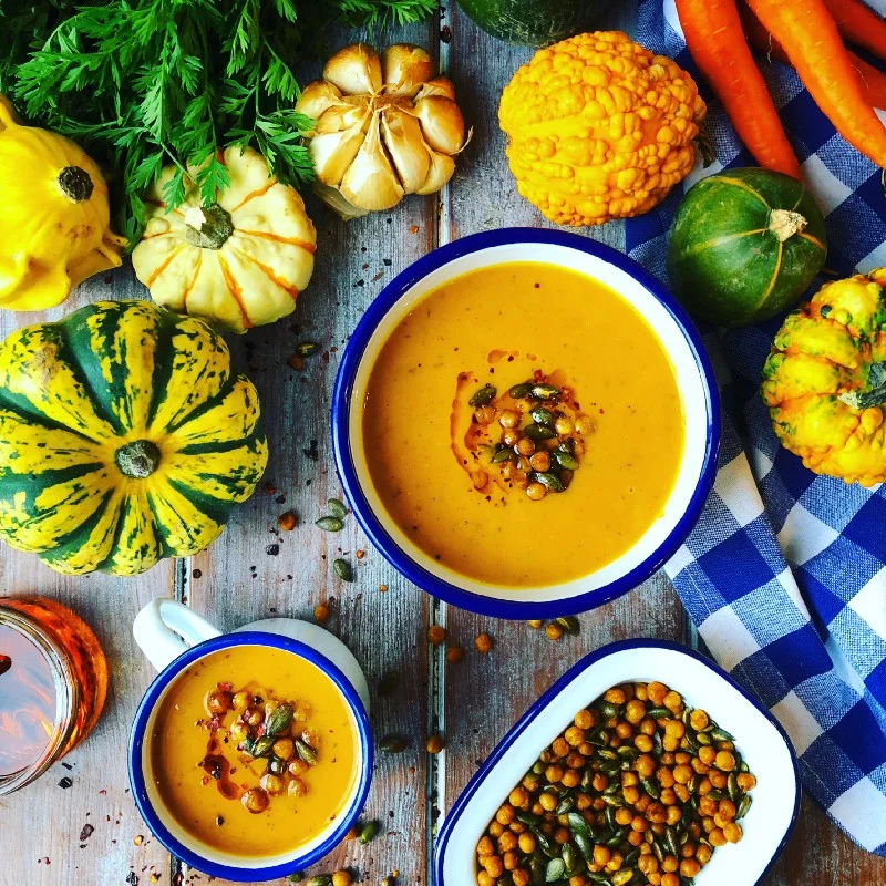Spiced Roast Squash Soup with Crunchy Chickpea & Pumpkin Seed Croutons