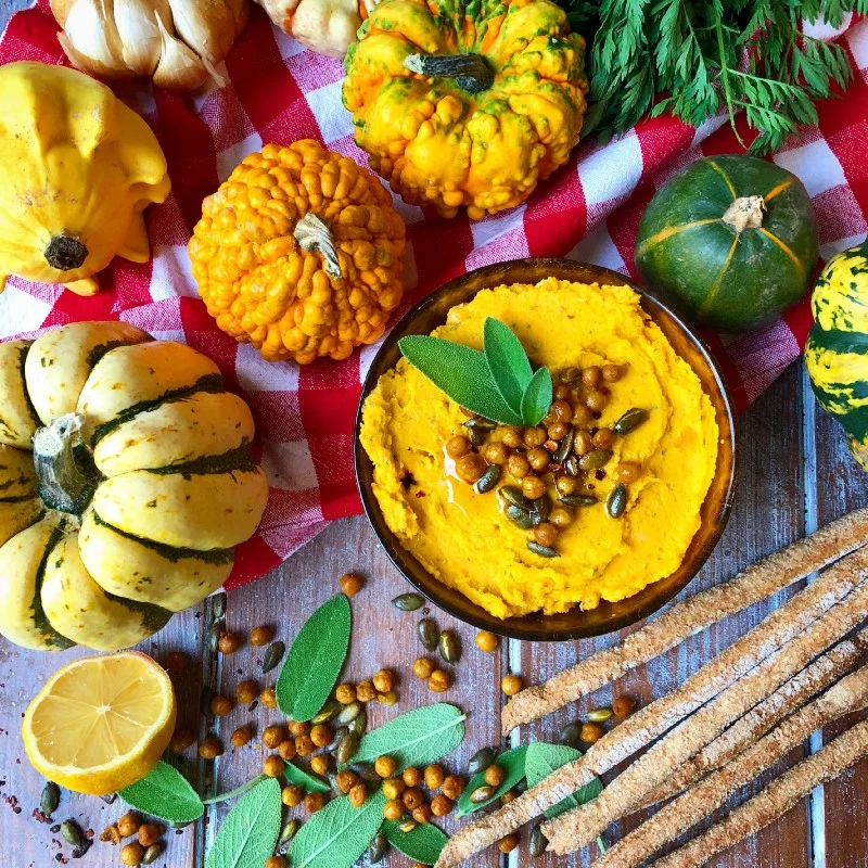 Roasted Squash Butter Bean Humous with Crunchy Turmeric Chickpeas & Pumpkin Seeds