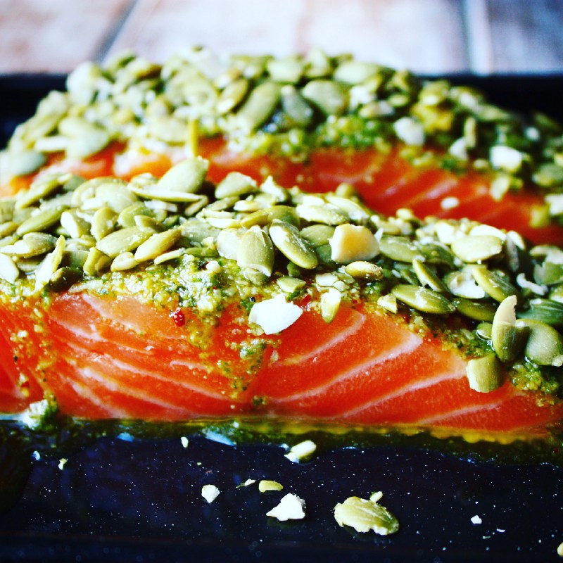 Pesto & Pumpkin Seed Crusted Salmon