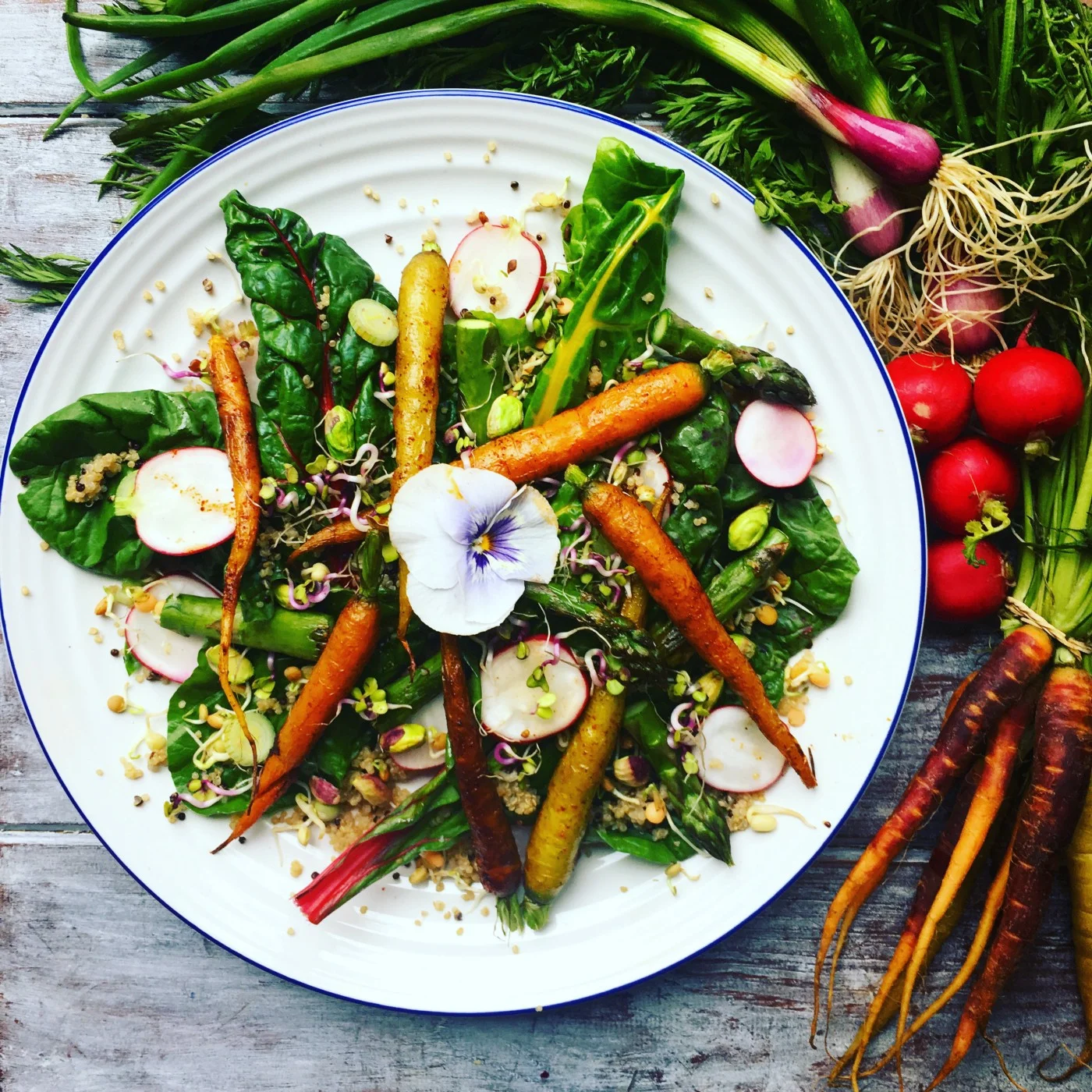 Roasted Baby Carrots, Asparagus and Rainbow Chard Quinoa Sprouted Salad