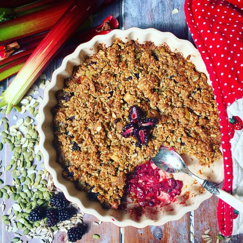 Rhubarb, Blackberry & Ginger Buckwheat Crumble