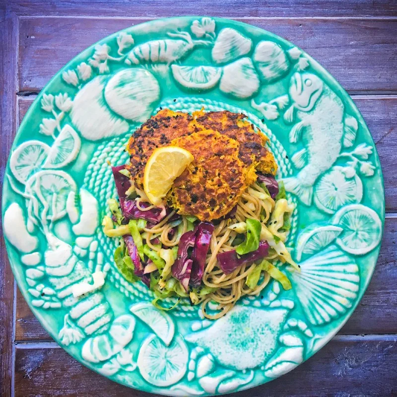 Asian Crab Cakes and Wholewheat Noodle Salad