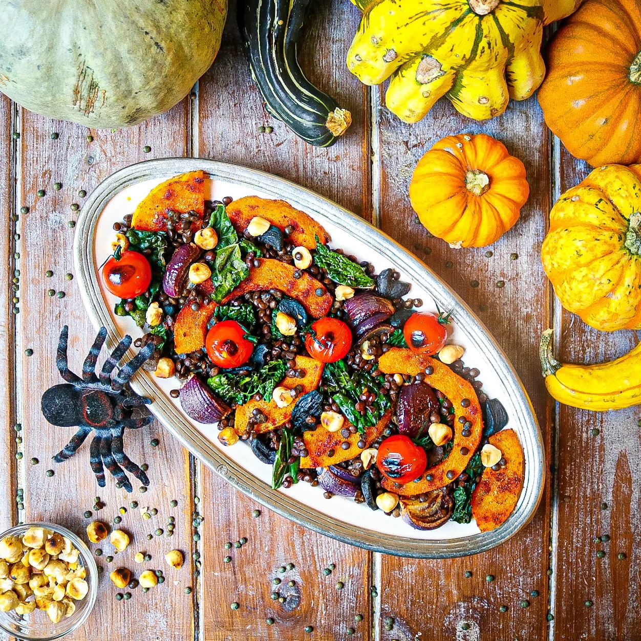 Roasted Pumpkin, Cavolo Nero &amp; Puy Lentils with Black Garlic