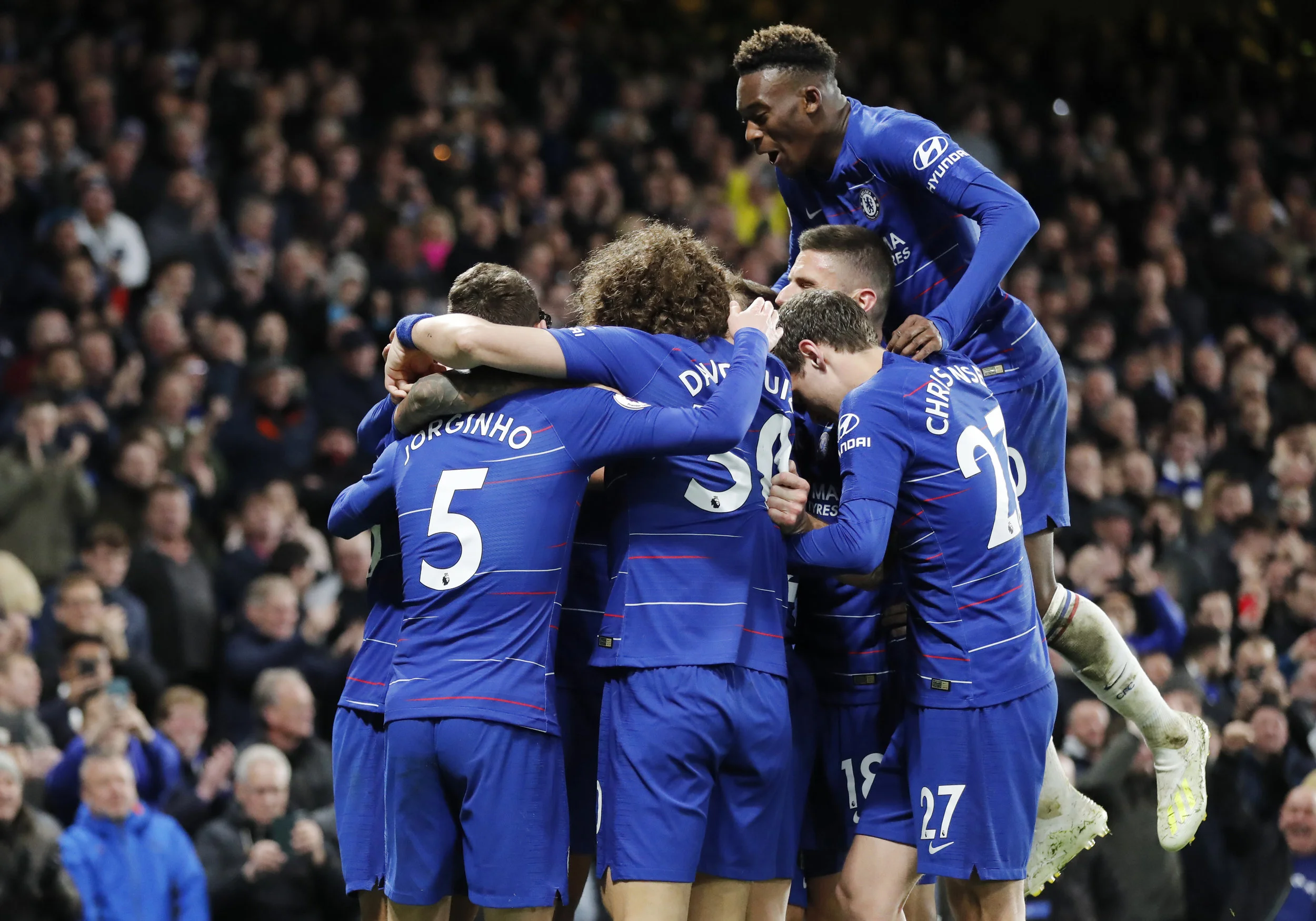 Players of Chelsea celebrate after Chelsea's Ruben Loftus-Cheek scored his sides third goal during the English Premier League soccer match between Chelsea and Brighton &amp; Hove Albion at Stamford Bridge stadium in London, Wednesday, April 3, 2019.…