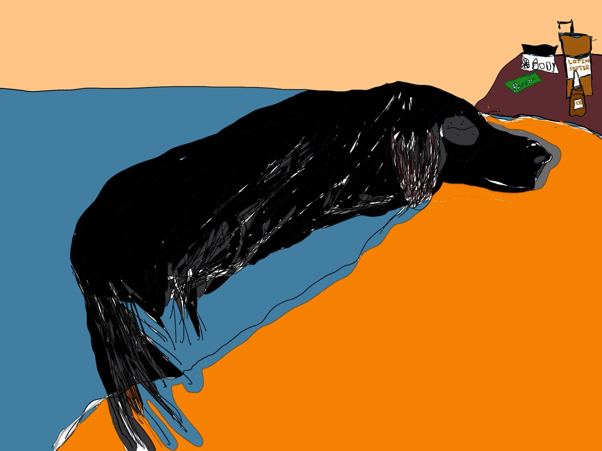 Noche, a black dog on an orange and blue bedspread