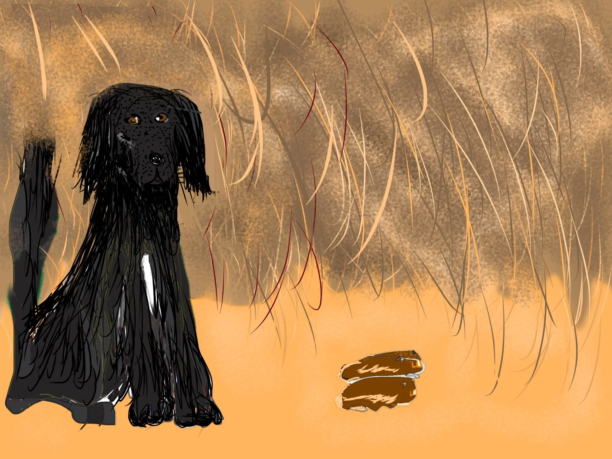 Noche, a black dog, displays his catch, two small moles.