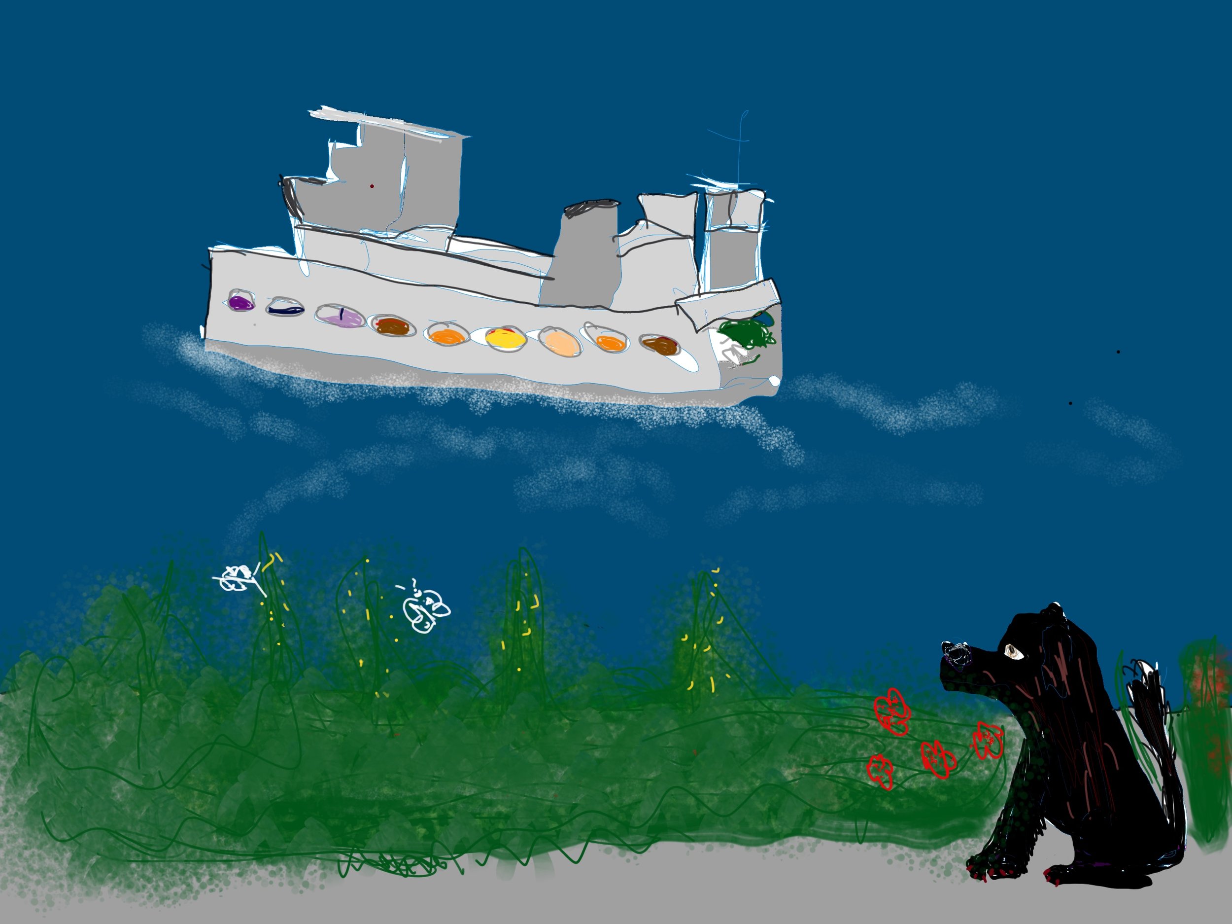 Noche, a black dog, watches the ferry sail away.