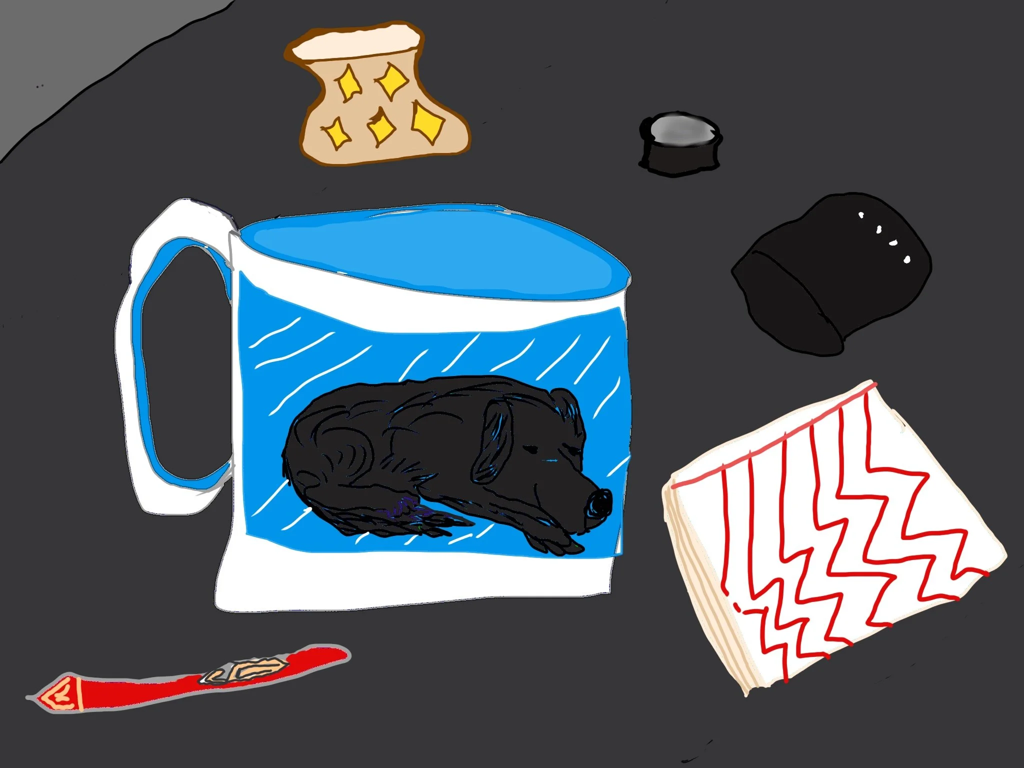 A coffee cup displaying a picture of Noche, a black dog on a blue bedspread. 