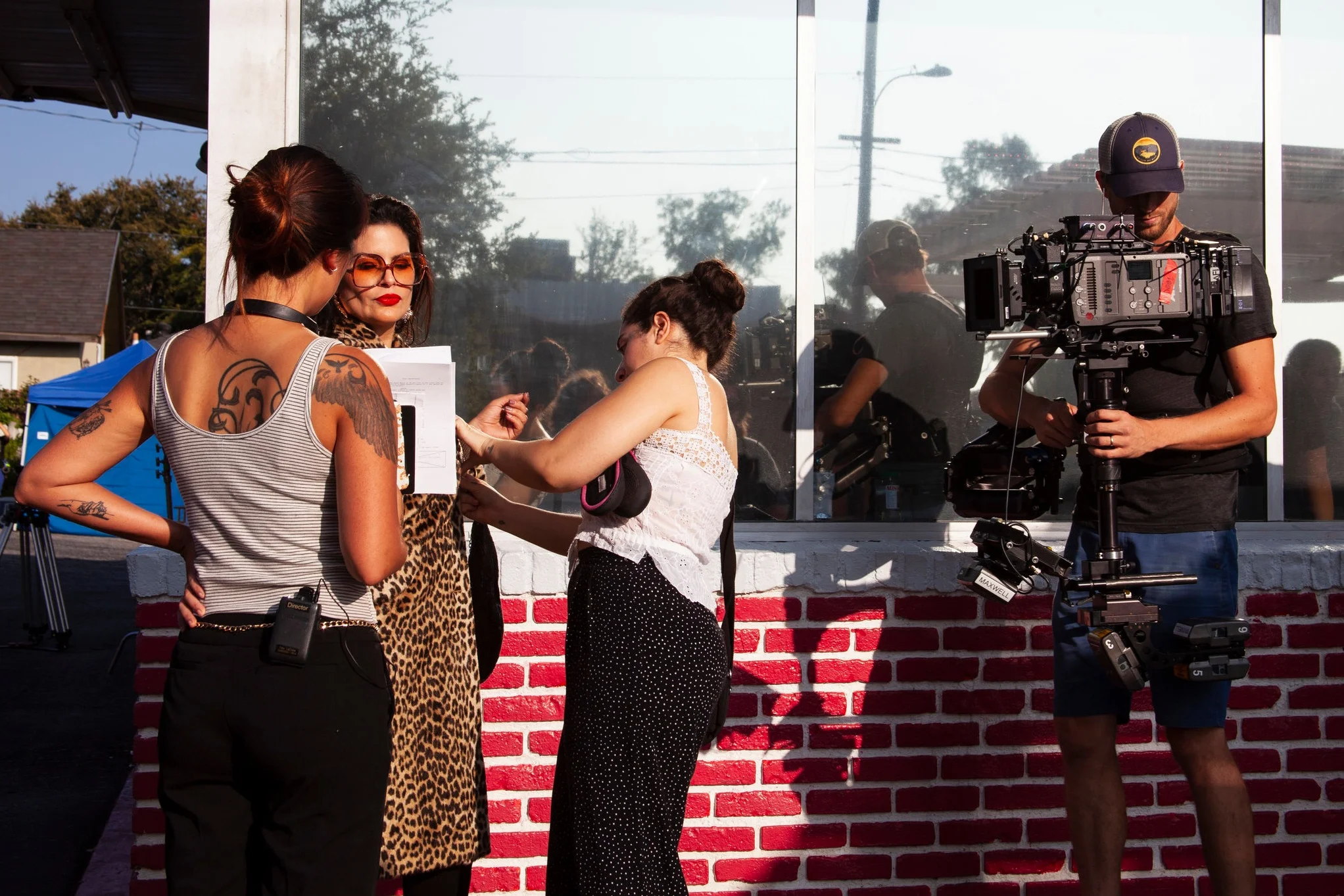Director Angela Chen with Actress Raquenel and Costumer Mariam Sabha and Steadicam Operator Brennan Maxwell preps for the first shot of the day.
