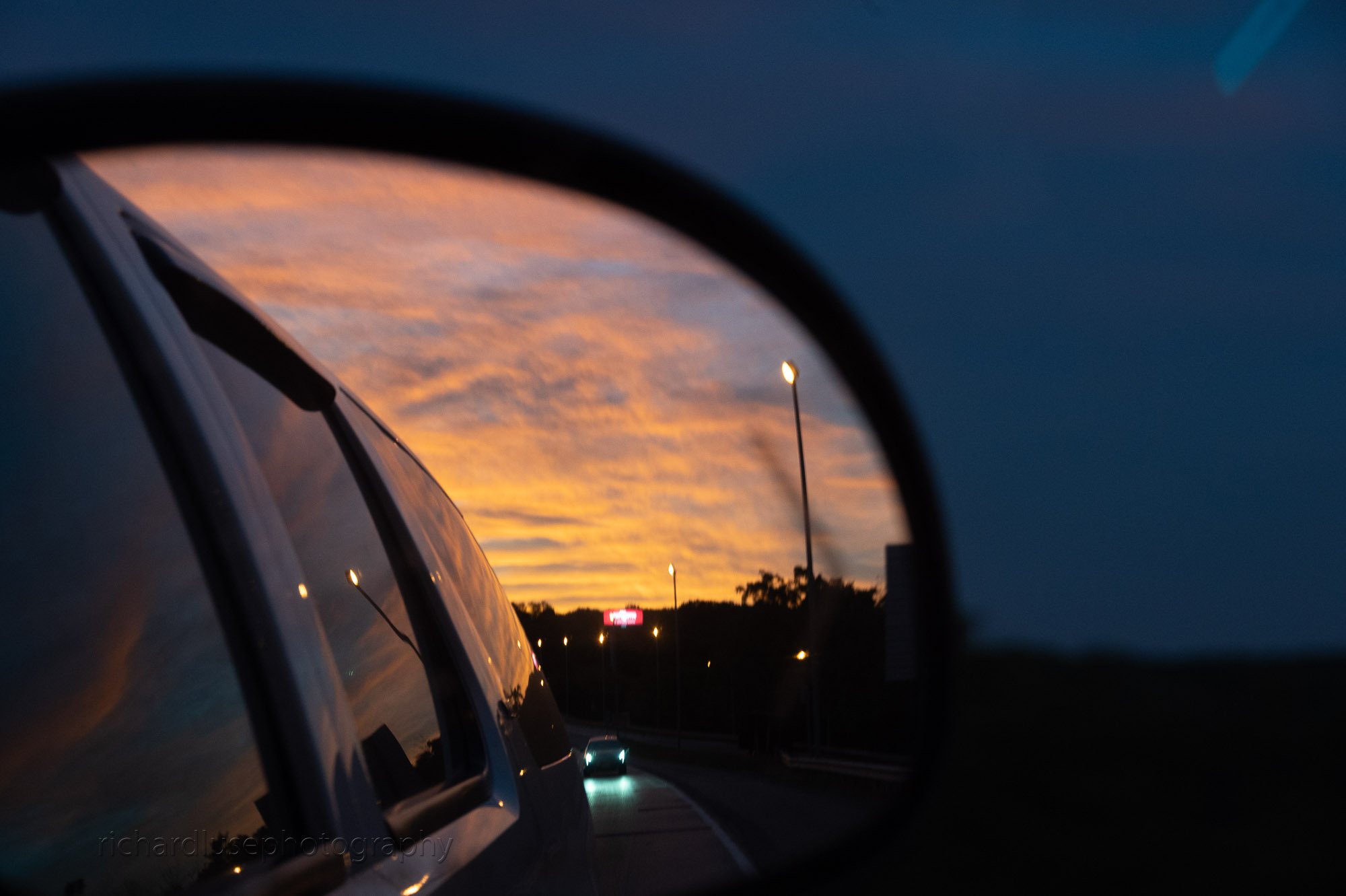 Sunset in the rear view on the final leg home.