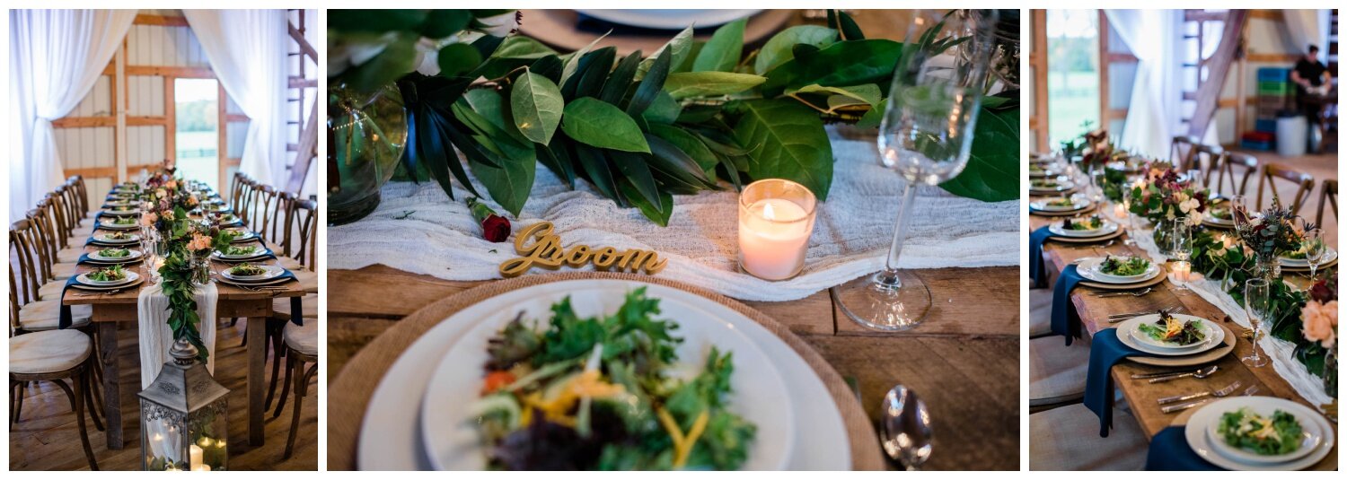 Red August Farm wedding reception table decor