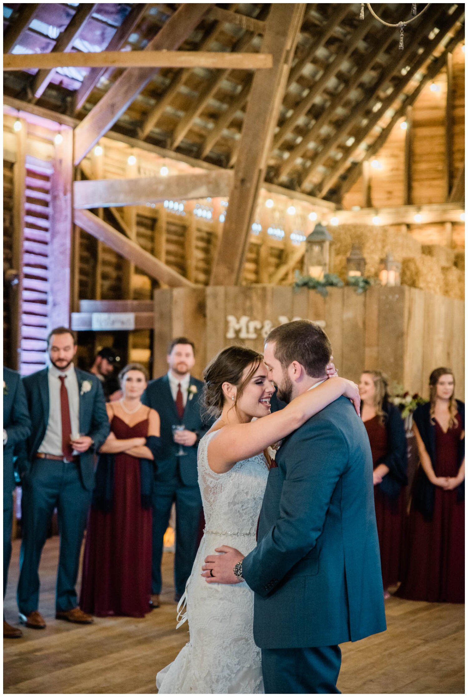 Red August Farm Wedding reception bride and groom first dance