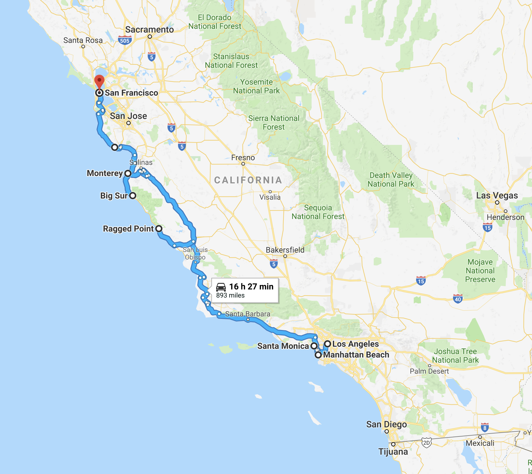Our route driving up from Los Angeles to San Francisco with a little detour in the middle.