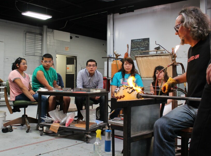 Special guests the de la Torre Brothers demonstrate for Starworks high school glassblowing students