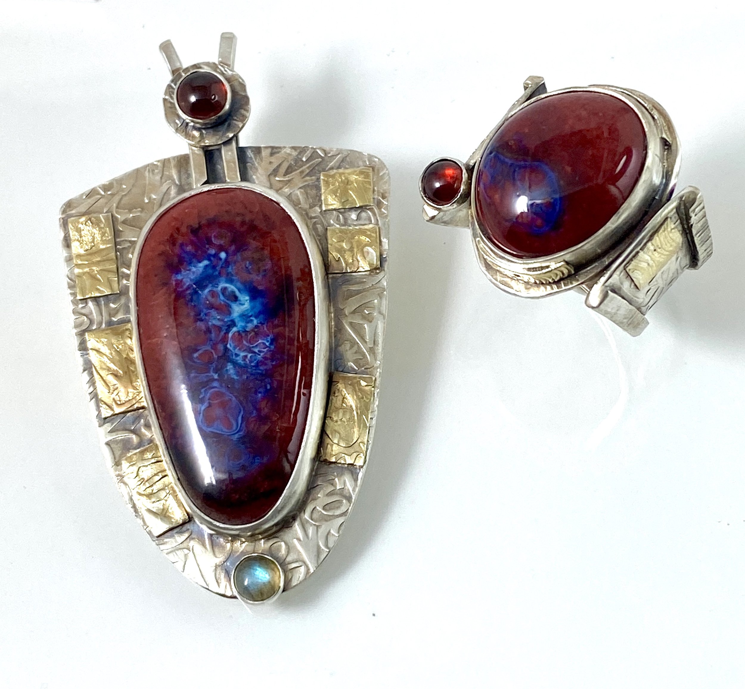 Jennie Lorette Keatts pendant and ring ceramic stones with garnet labradorite and 23K gold.jpg