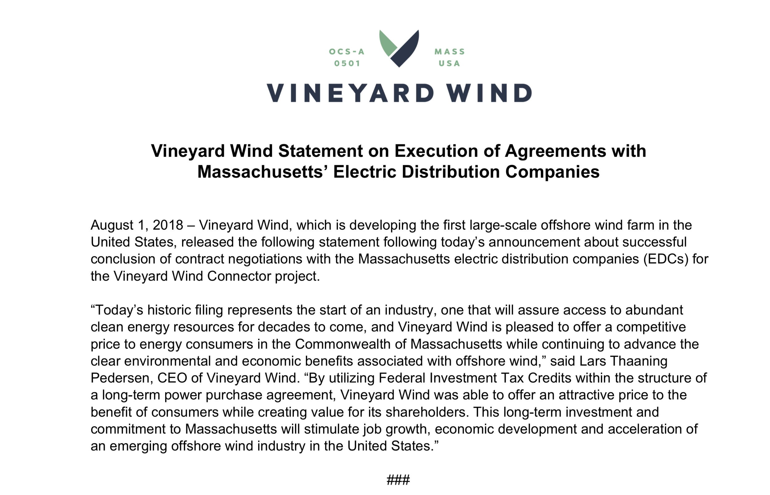 Vineyard Wind Statement on Execution of Agreements with Massachusetts’ Electric Distribution Companies