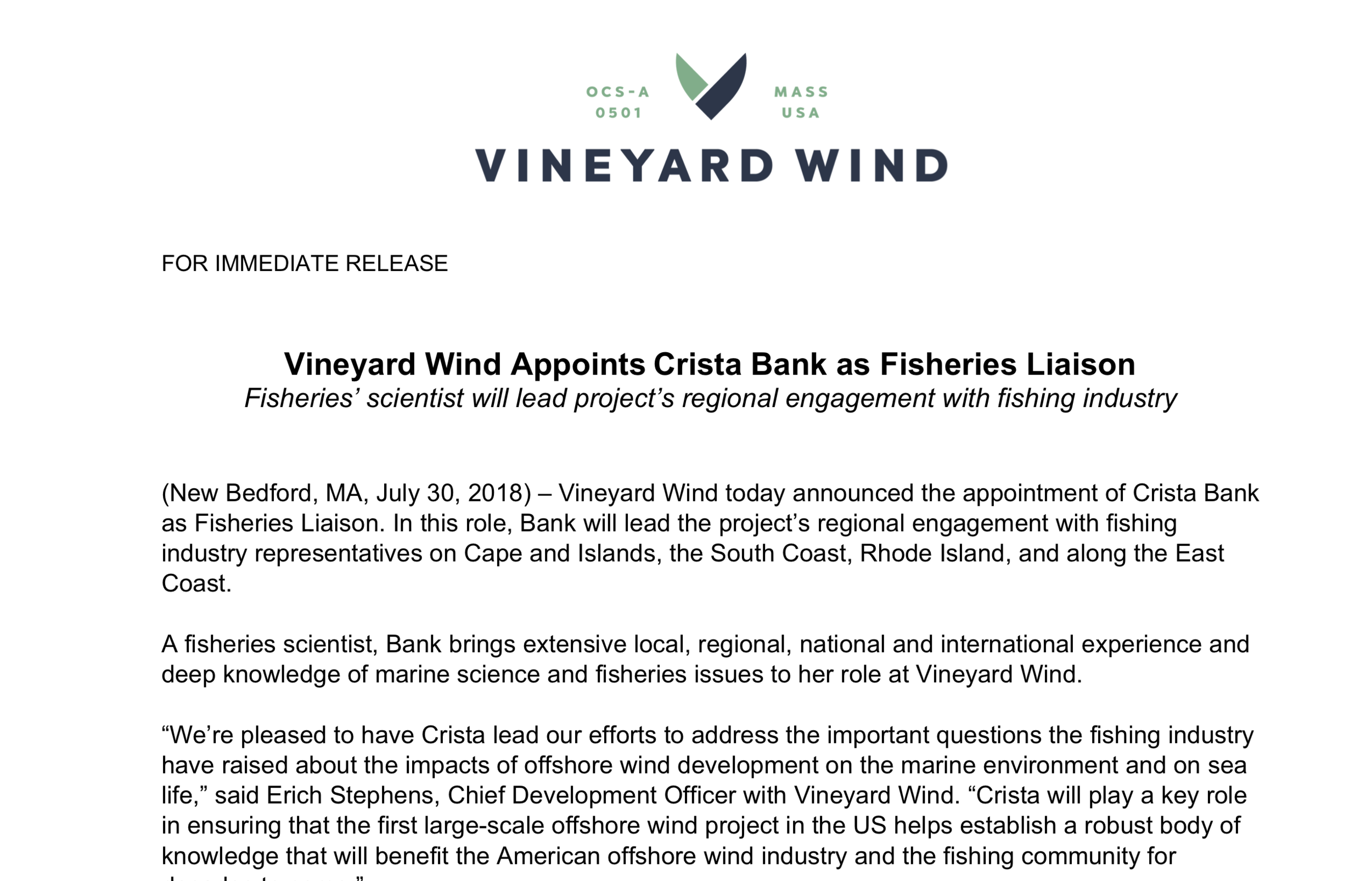 Vineyard Wind Appoints Crista Bank as Fisheries Liaison