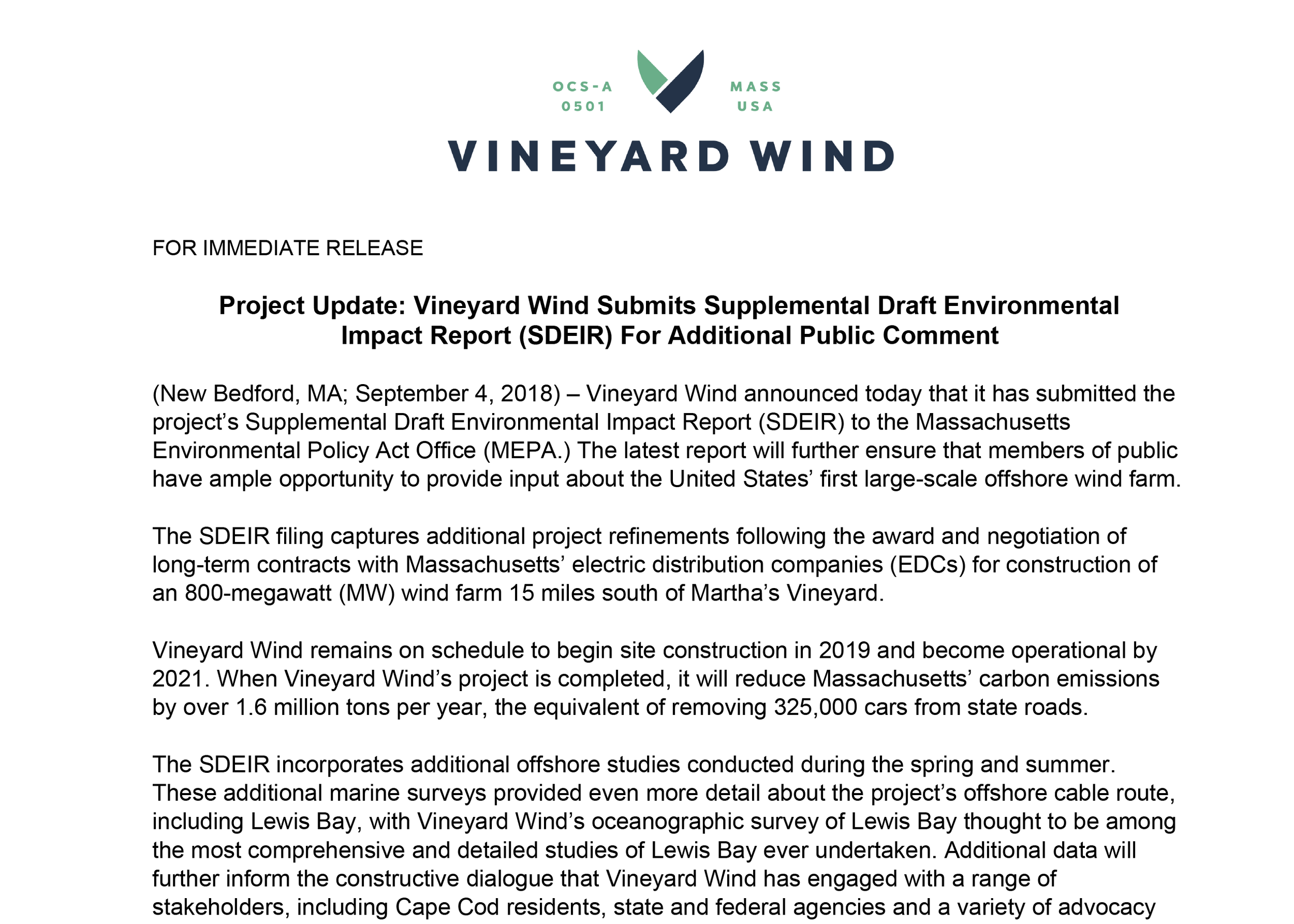 Project Update: Vineyard Wind Submits Supplemental Draft Environmental  Impact Report (SDEIR) For Additional Public Comment