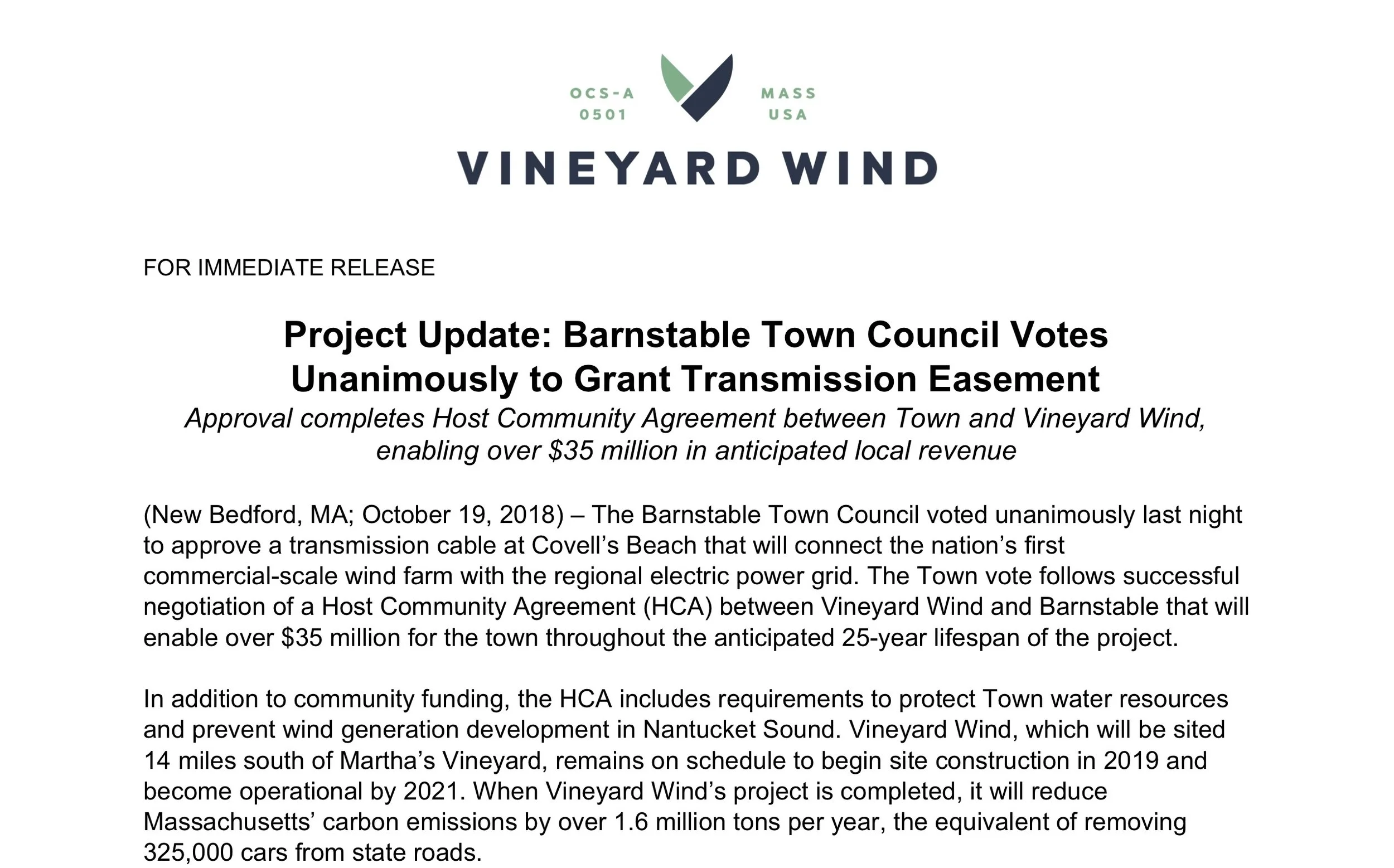 Project Update: Barnstable Town Council Votes Unanimously to Grant Transmission Easement 