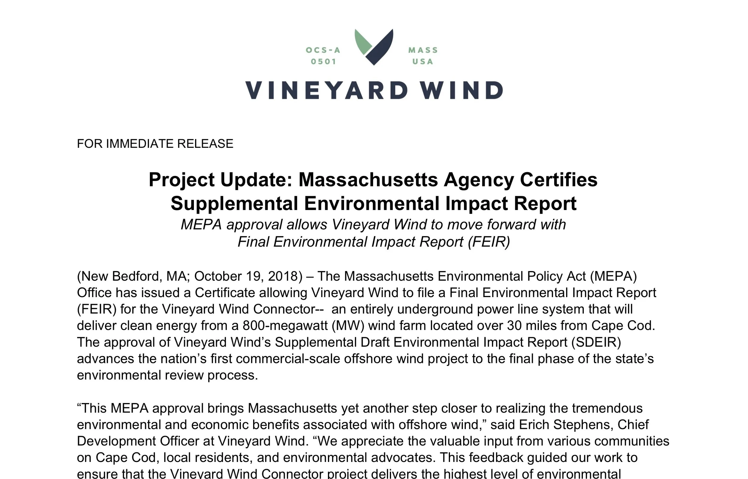 Project Update: Massachusetts Agency Certifies  Supplemental Environmental Impact Report