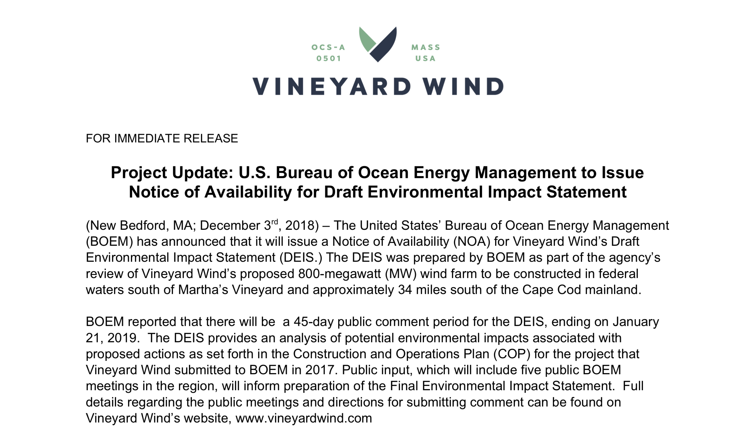 Project Update: U.S. Bureau of Ocean Energy Management to Issue Notice of Availability for Draft Environmental Impact Statement