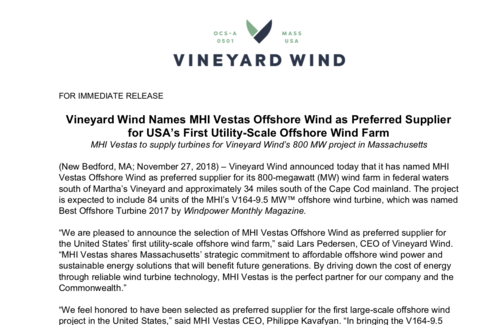 Vineyard Wind Names MHI Vestas Offshore Wind as Preferred Supplier for USA’s First Utility-Scale Offshore Wind Farm