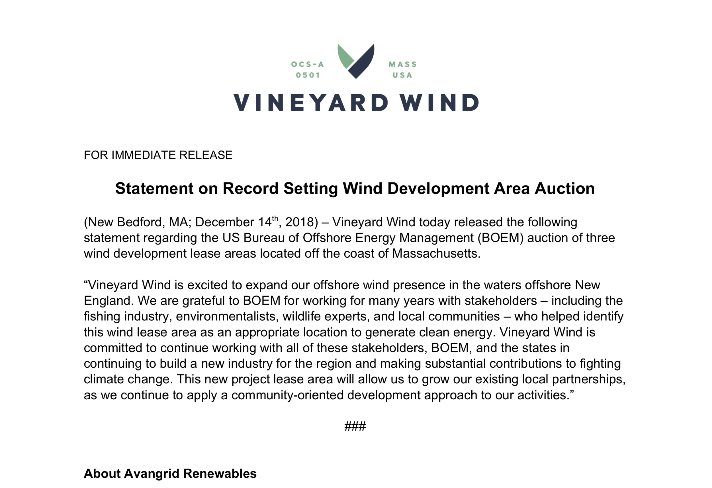 Statement on Record Setting Wind Development Area Auction
