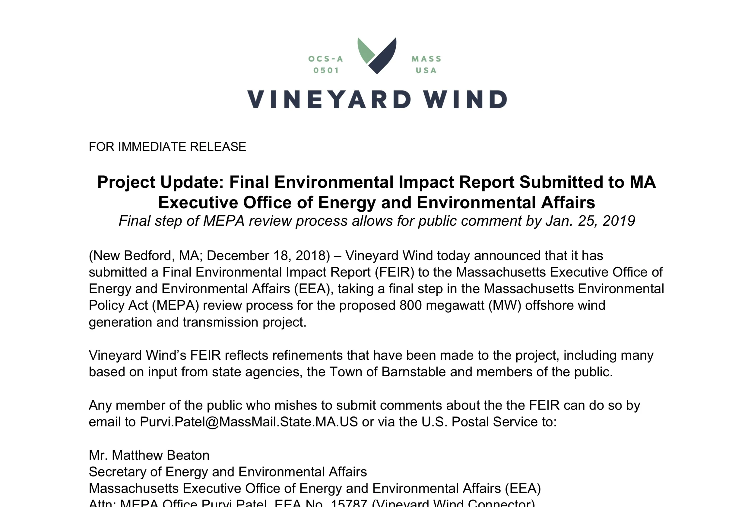 Project Update: Final Environmental Impact Report Submitted to MA Executive Office of Energy and Environmental Affairs