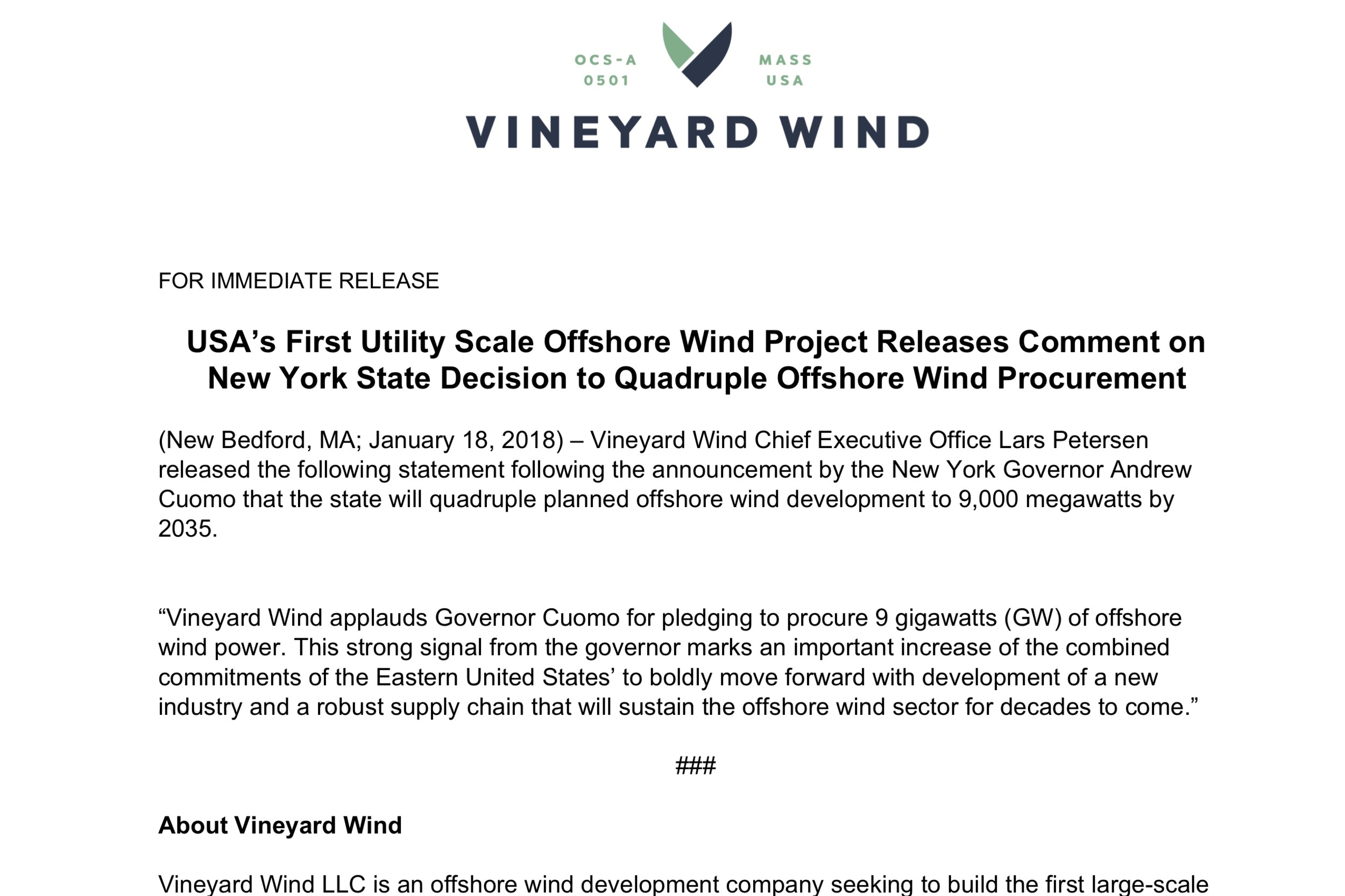USA’s First Utility Scale Offshore Wind Project Releases Comment on New York State Decision to Quadruple Offshore Wind Procurement