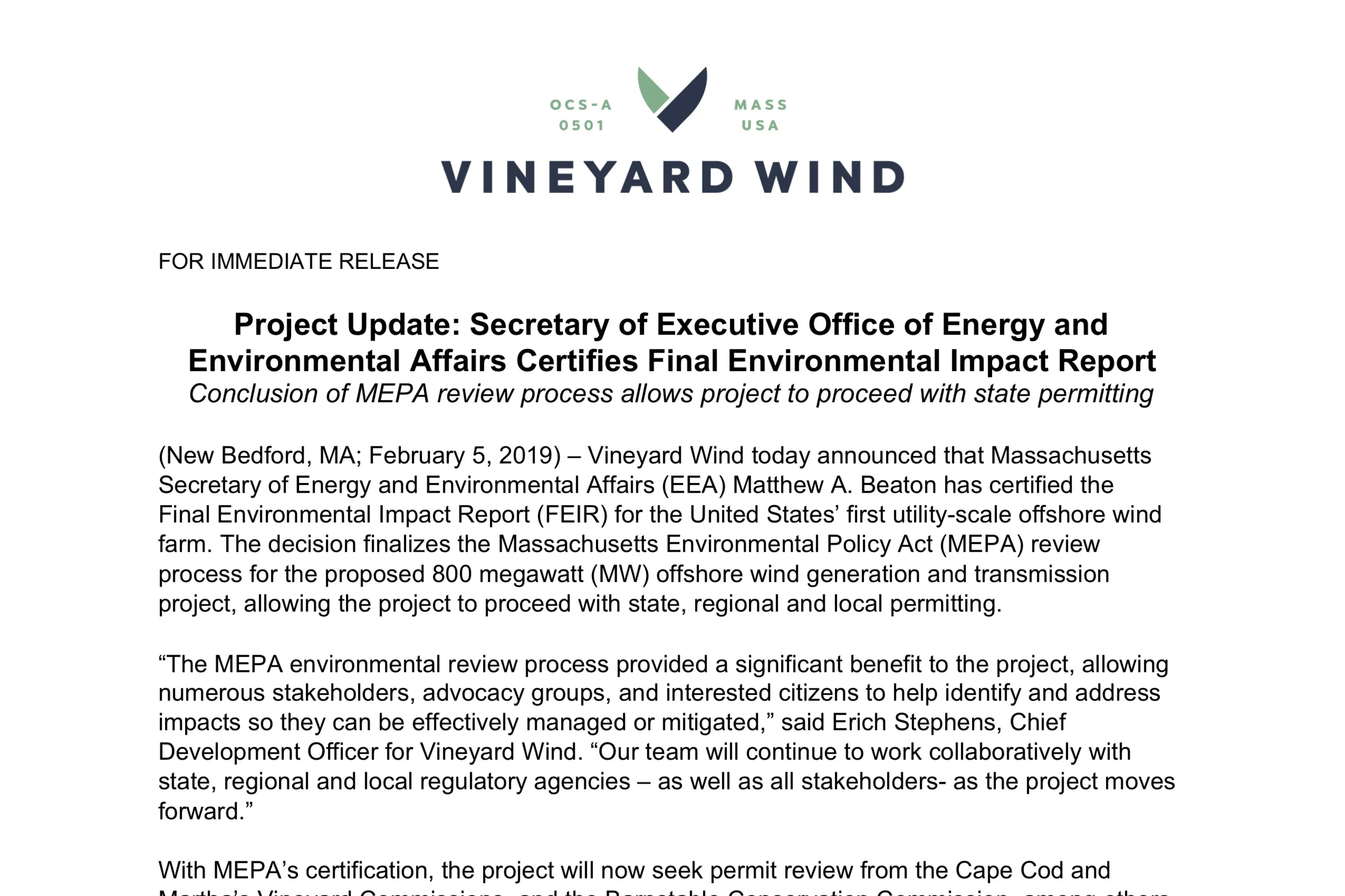 Project Update: Secretary of Executive Office of Energy and Environmental Affairs Certifies Final Environmental Impact Report