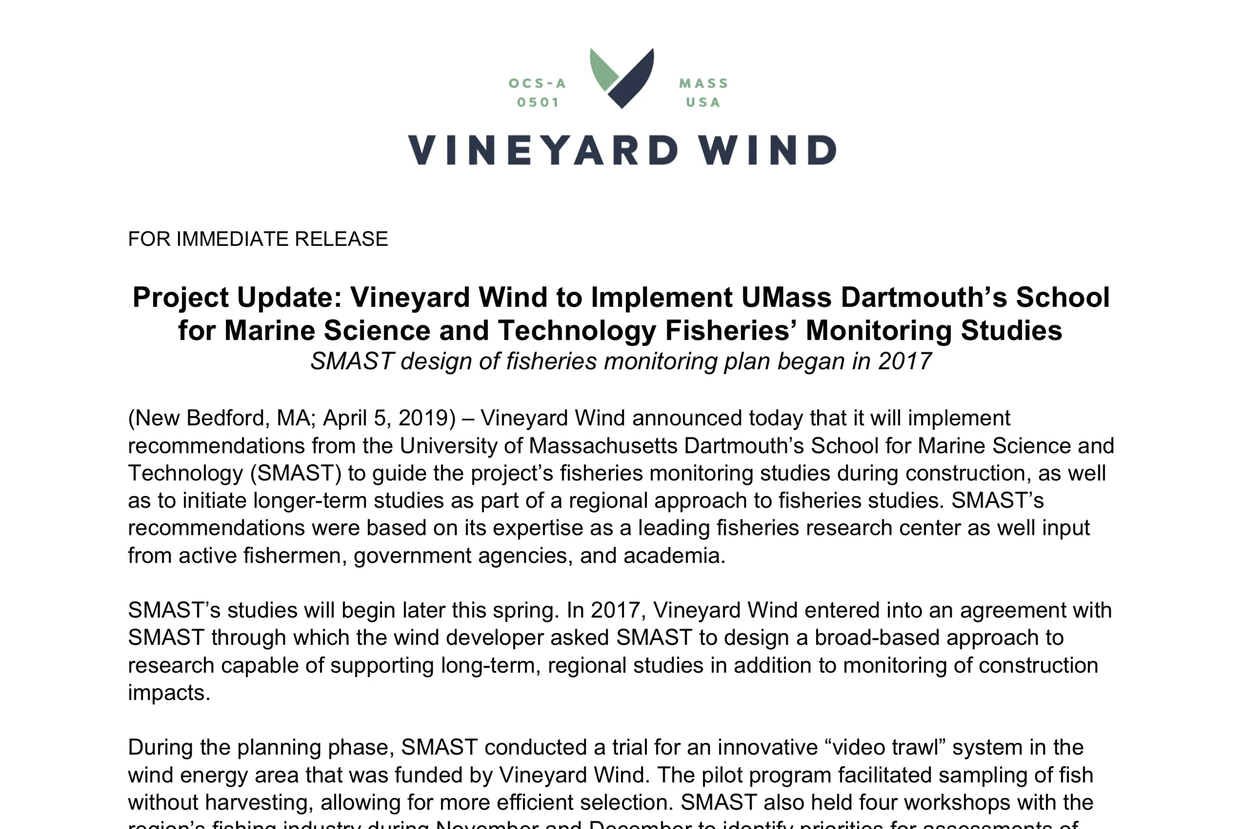 Project Update: Vineyard Wind to Implement UMass Dartmouth’s School for Marine Science and Technology Fisheries’ Monitoring Studies
