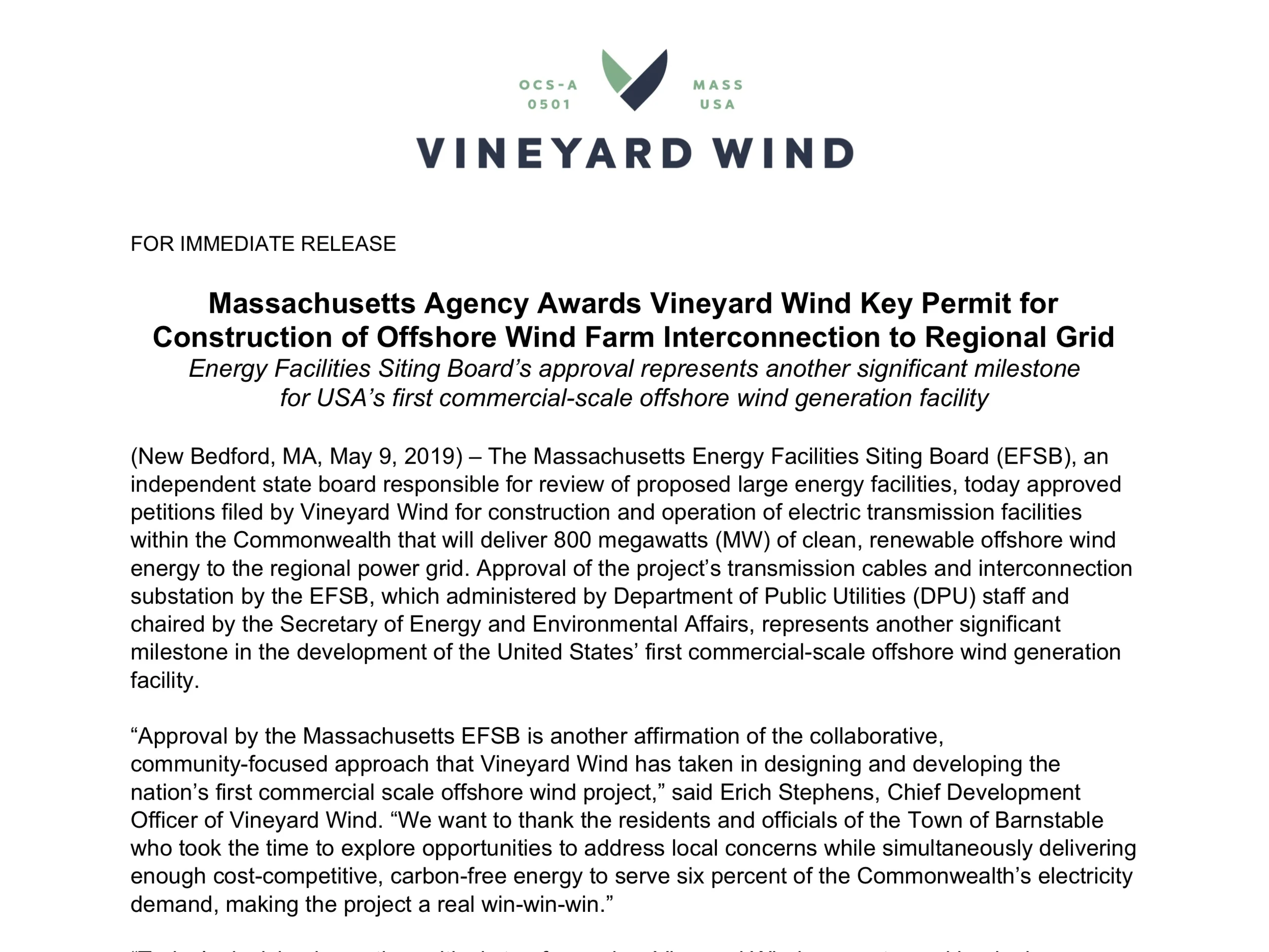 Massachusetts Agency Awards Vineyard Wind Key Permit for Construction of Offshore Wind Farm Interconnection to Regional Grid