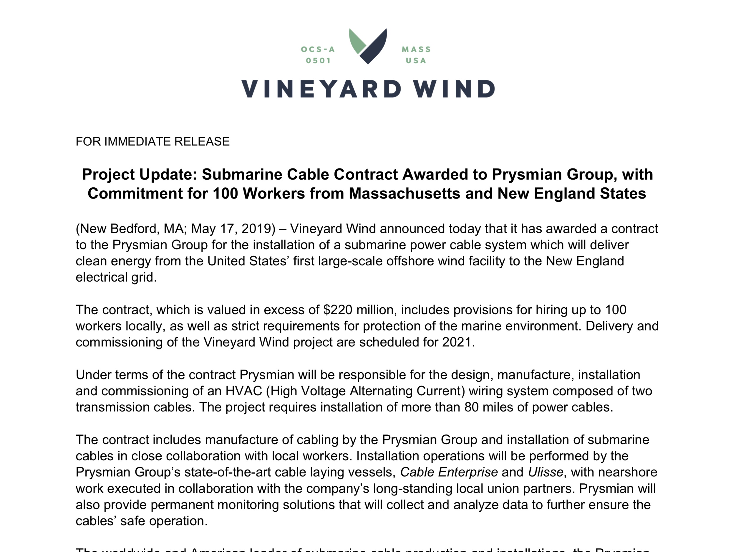 Project Update: Submarine Cable Contract Awarded to Prysmian Group, with Commitment for 100 Workers from Massachusetts and New England States &nbsp;