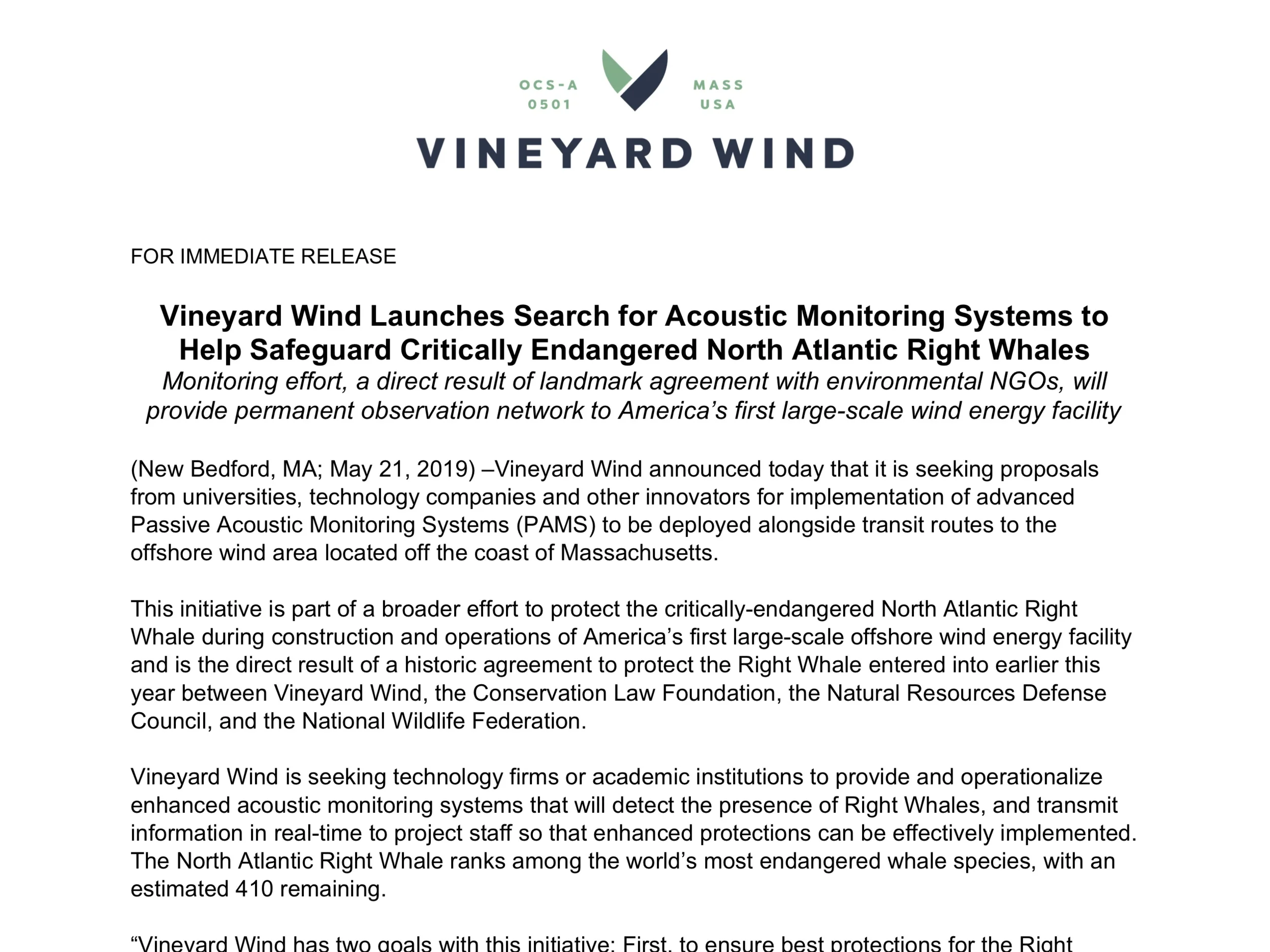 Vineyard Wind Launches Search for Acoustic Monitoring Systems to Help Safeguard Critically Endangered North Atlantic Right Whales