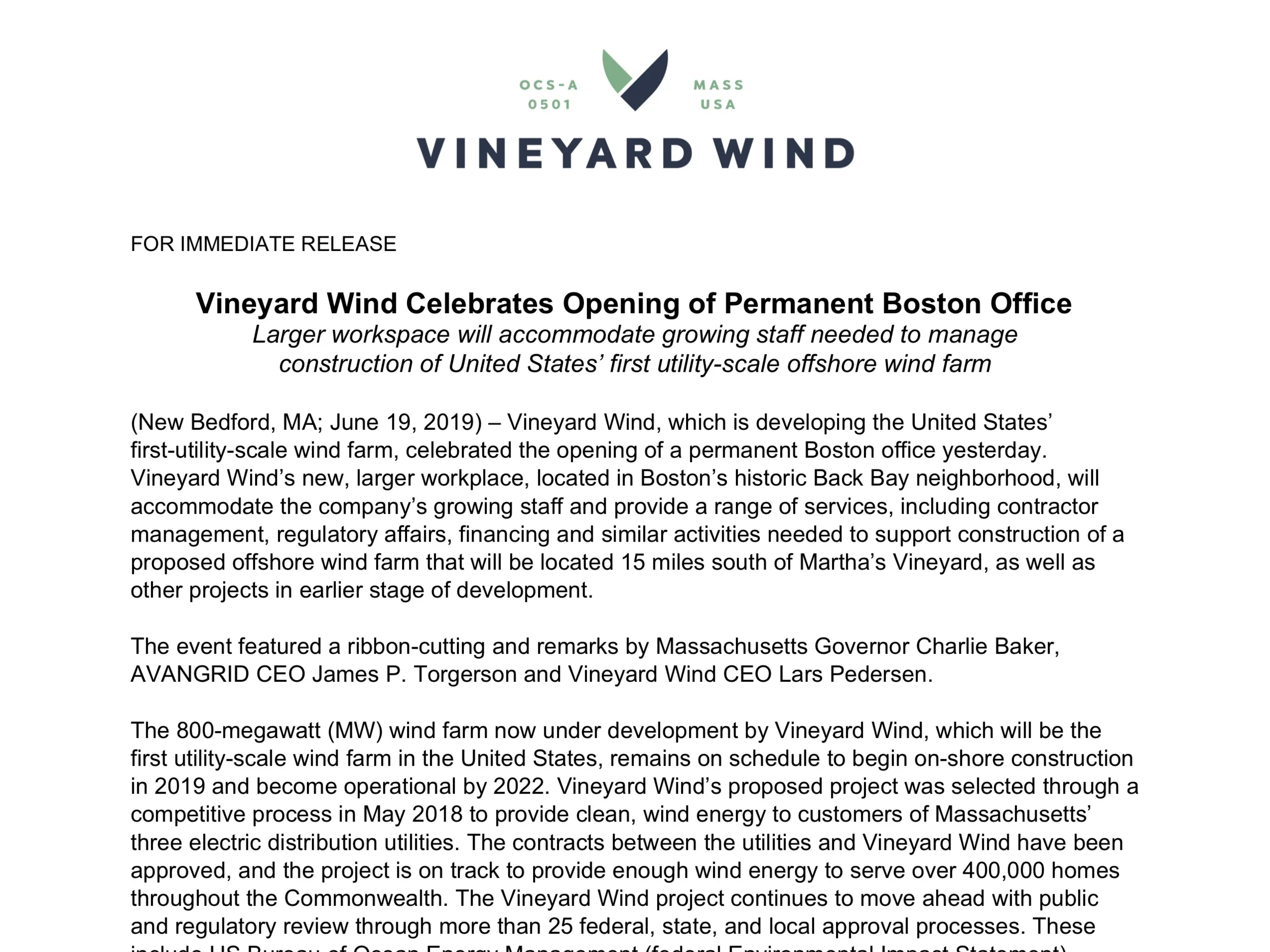 Vineyard Wind Celebrates Opening of Permanent Boston Office 