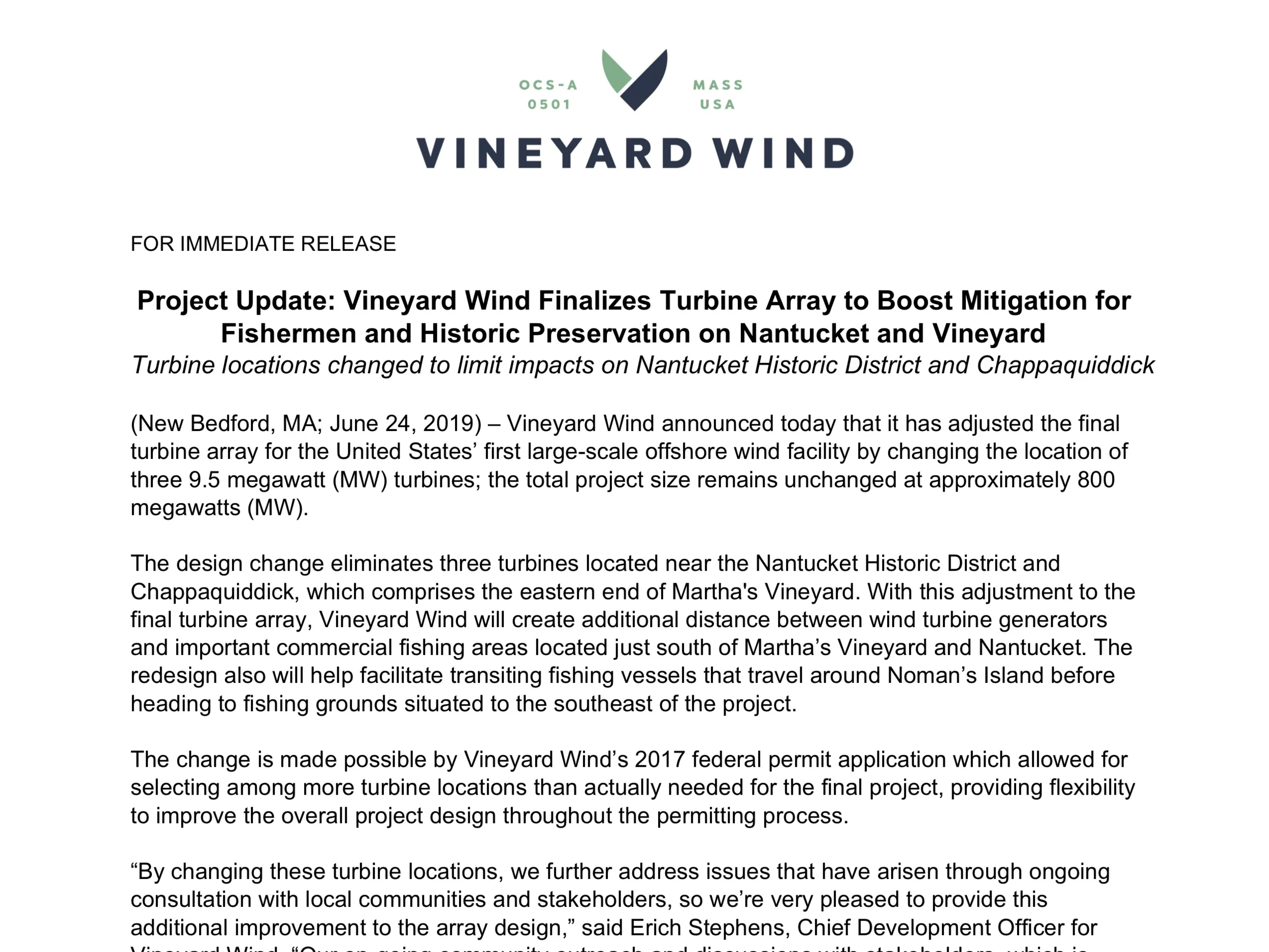   Project Update: Vineyard Wind Finalizes Turbine Array to Boost Mitigation for Fishermen and Historic Preservation on Nantucket and Vineyard 
