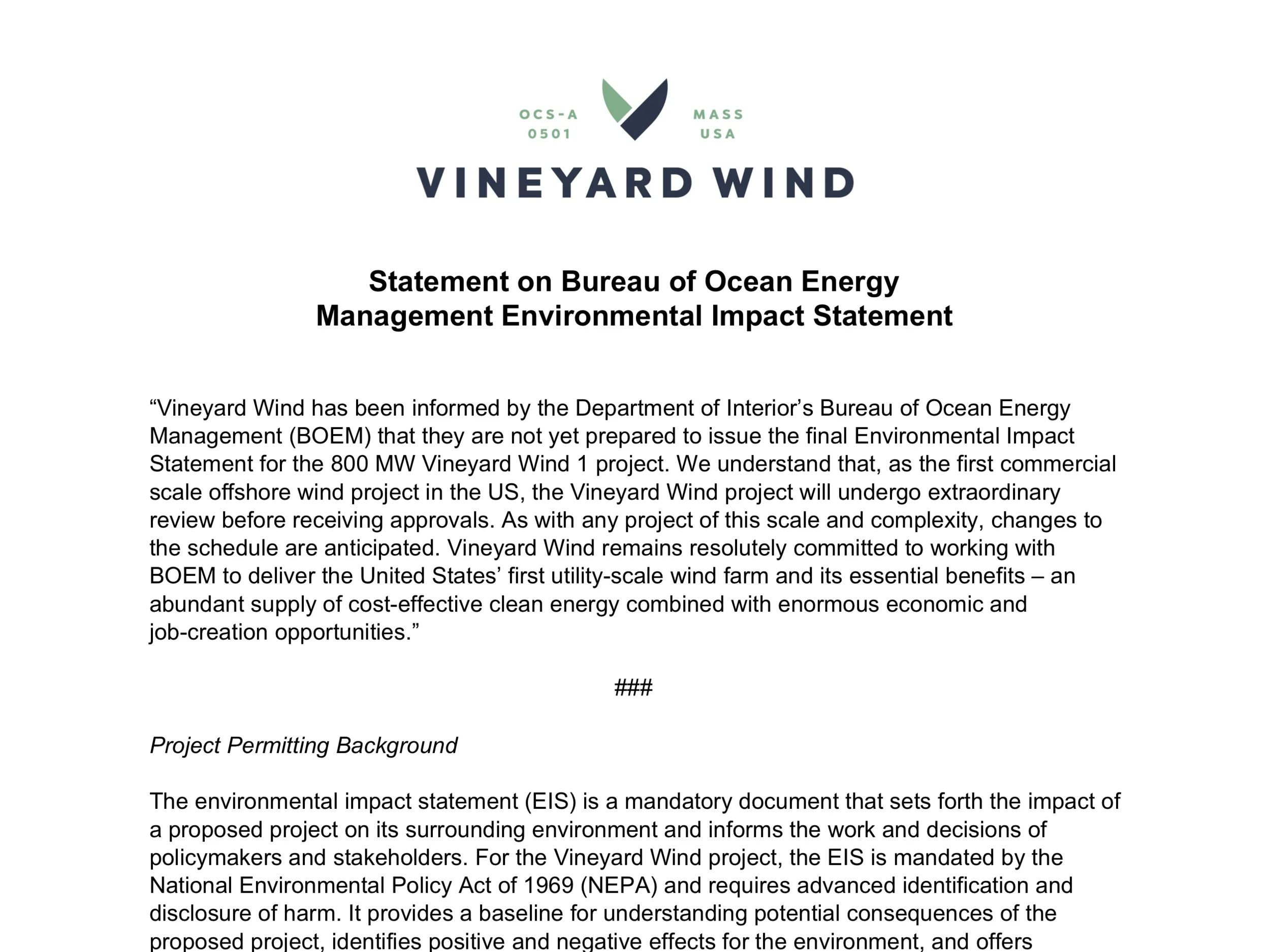 Statement on Bureau of Ocean Energy Management Environmental Impact Statement