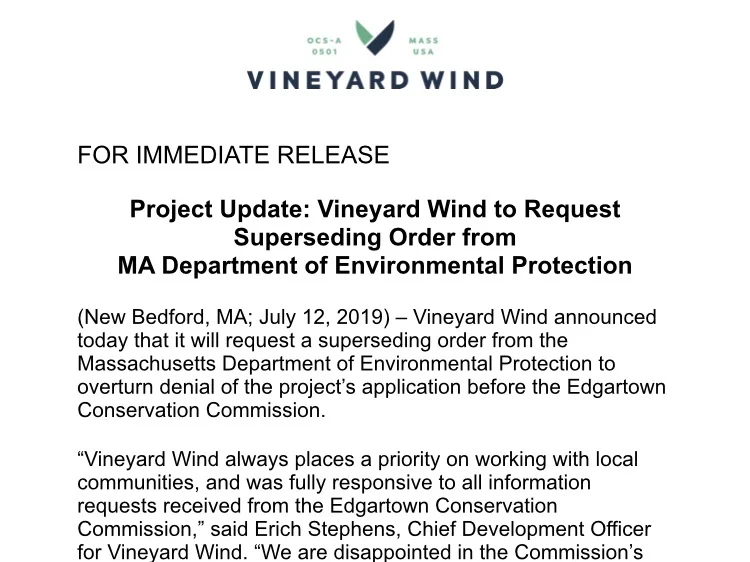 Project Update: Vineyard Wind to Request Superseding Order from MA Department of Environmental Protection
