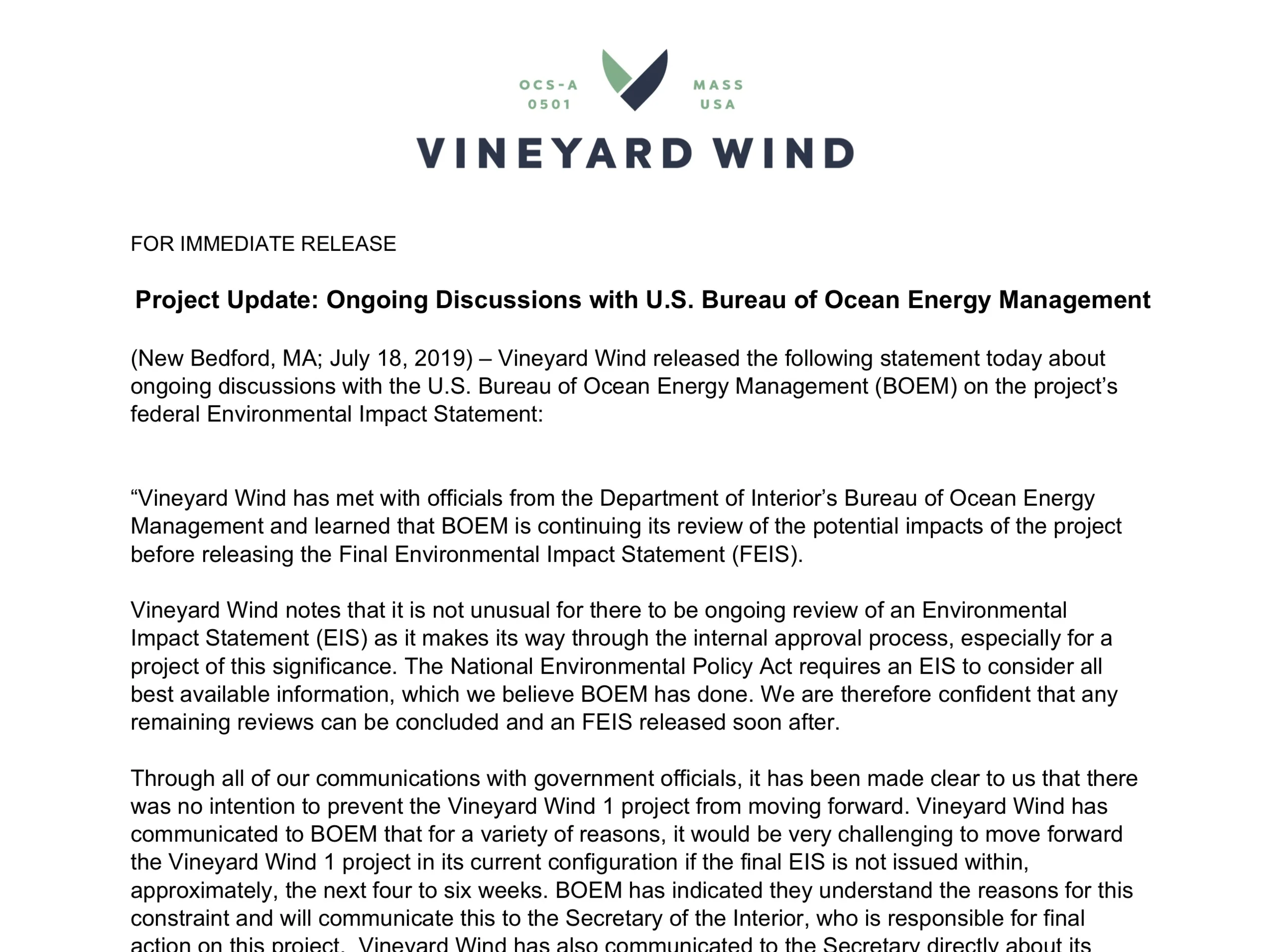 Project Update: Ongoing Discussions with U.S. Bureau of Ocean Energy Management