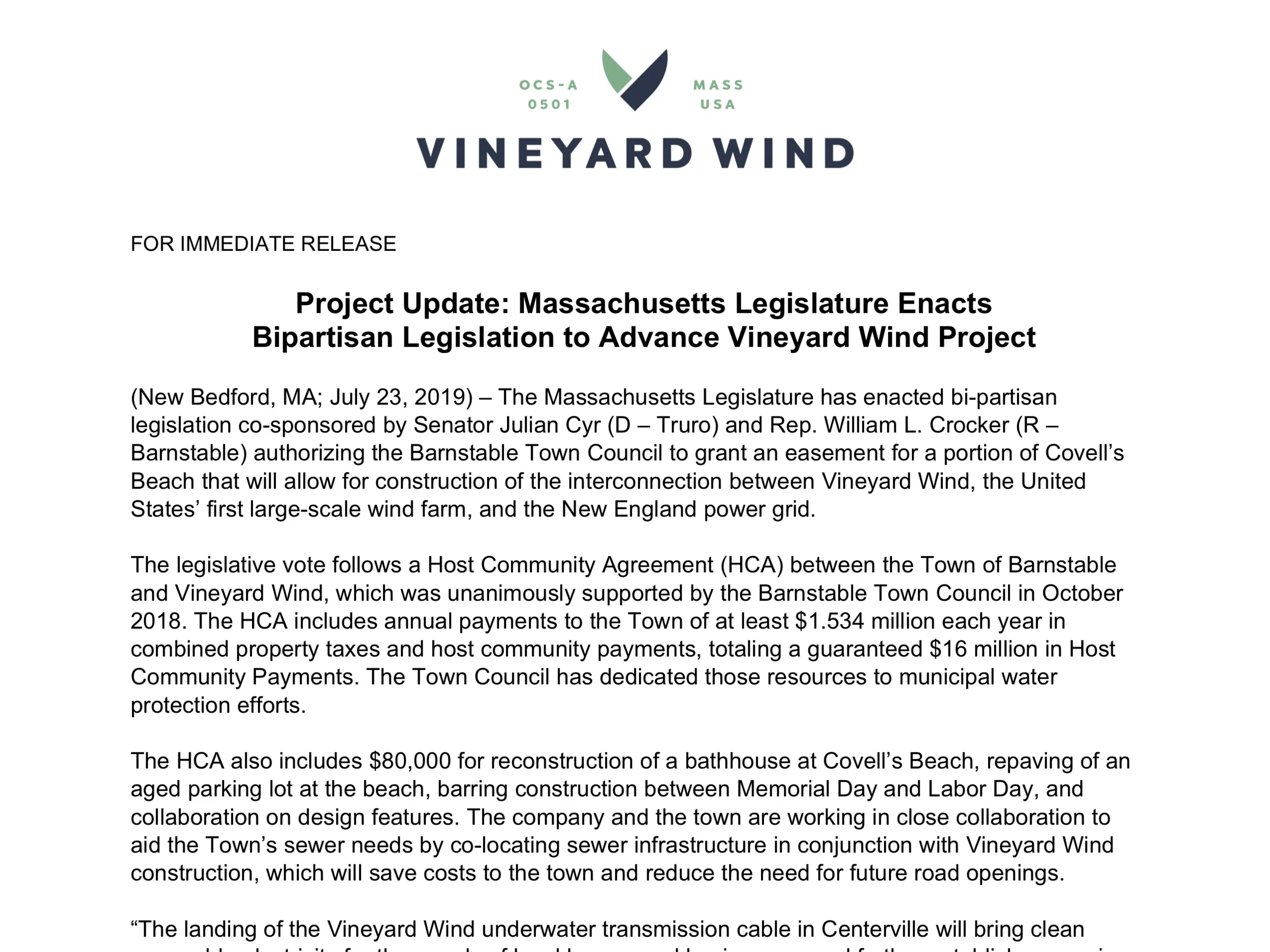 Project Update: Massachusetts Legislature Enacts Bipartisan Legislation to Advance Vineyard Wind Project&nbsp;
