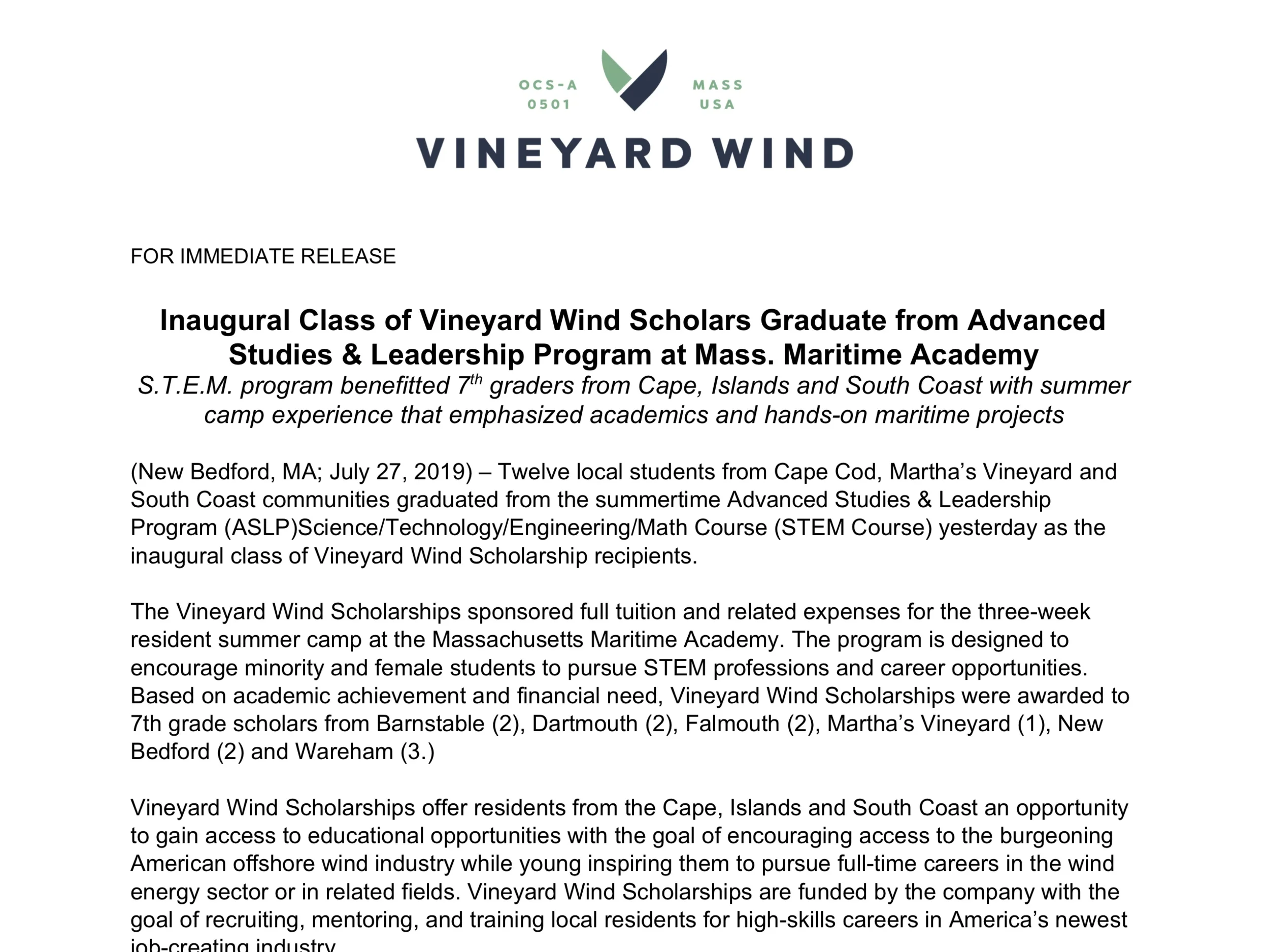 Inaugural Class of Vineyard Wind Scholars Graduate from Advanced Studies &amp; Leadership Program at Mass. Maritime Academy