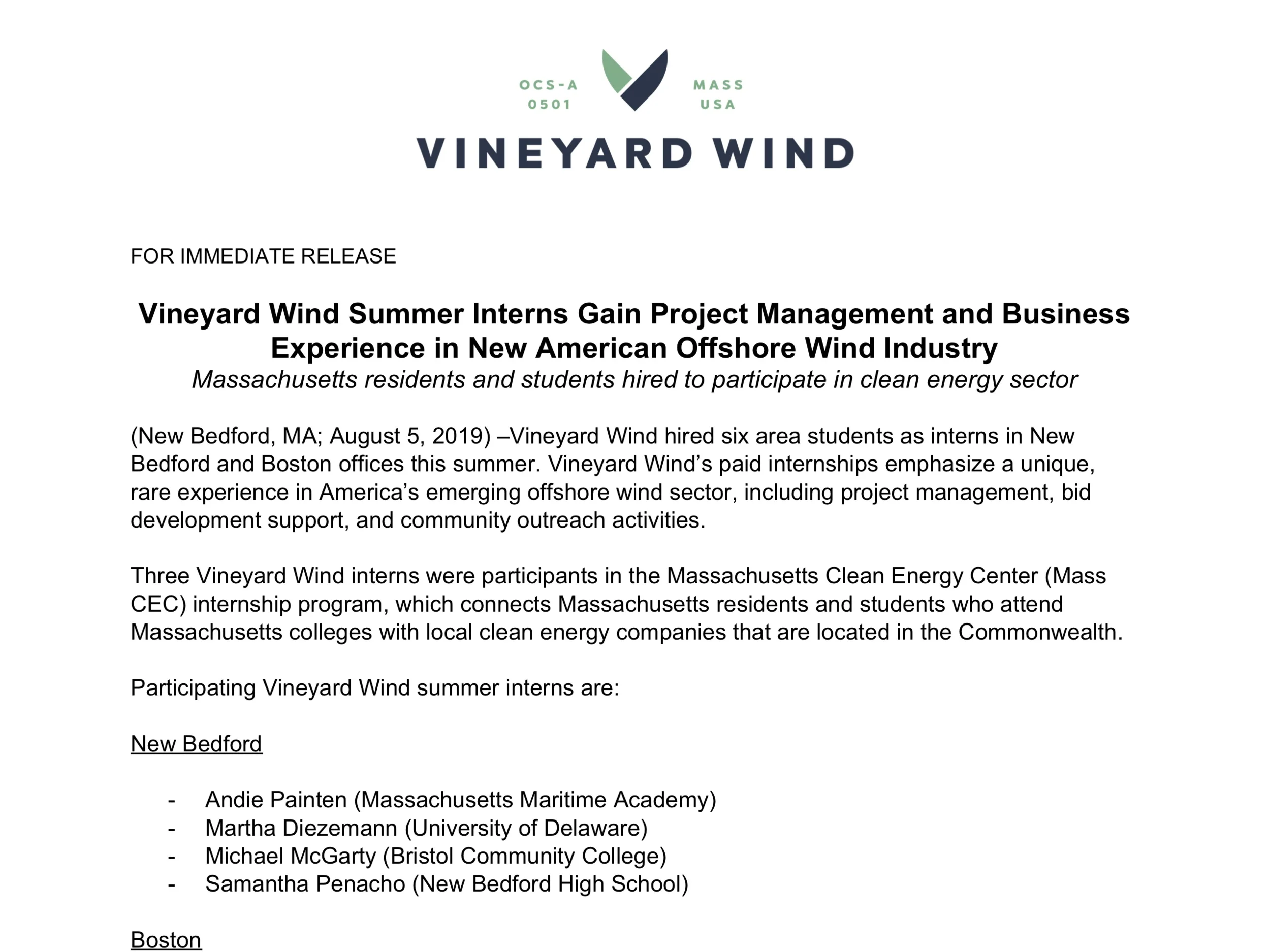 Vineyard Wind Summer Interns Gain Project Management and Business Experience in New American Offshore Wind Industry&nbsp;