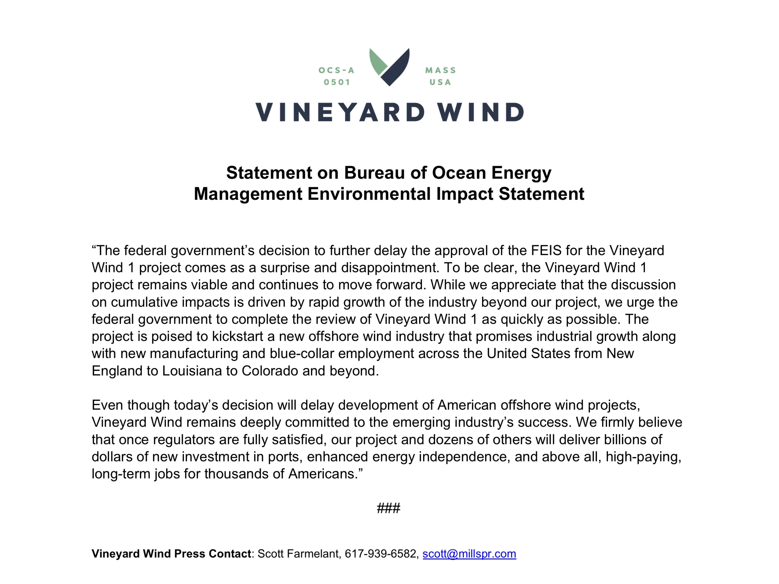 Statement on Bureau of Ocean Energy Management Environmental Impact Statement