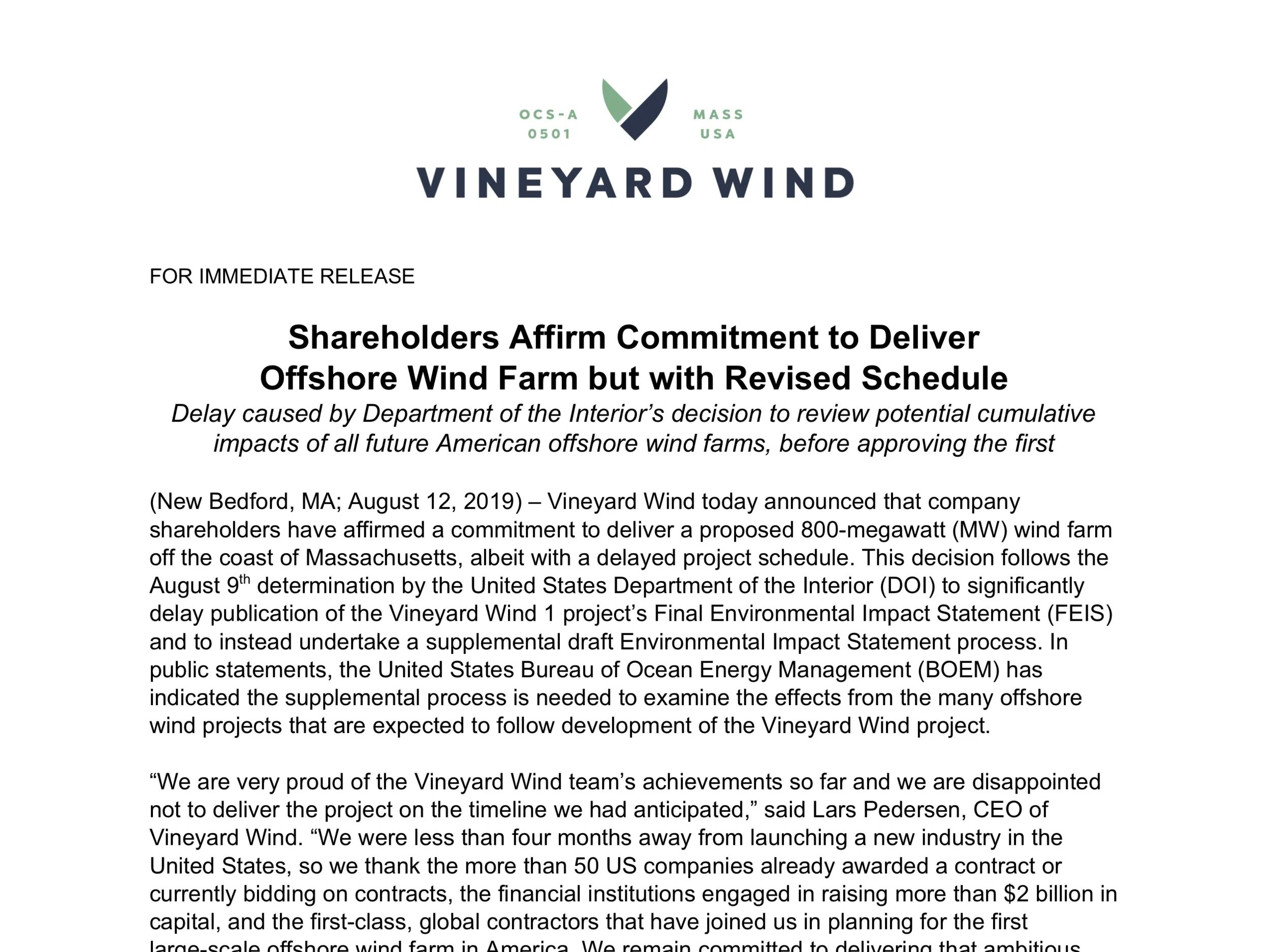 Shareholders Affirm Commitment to Deliver Offshore Wind Farm but with Revised Schedule