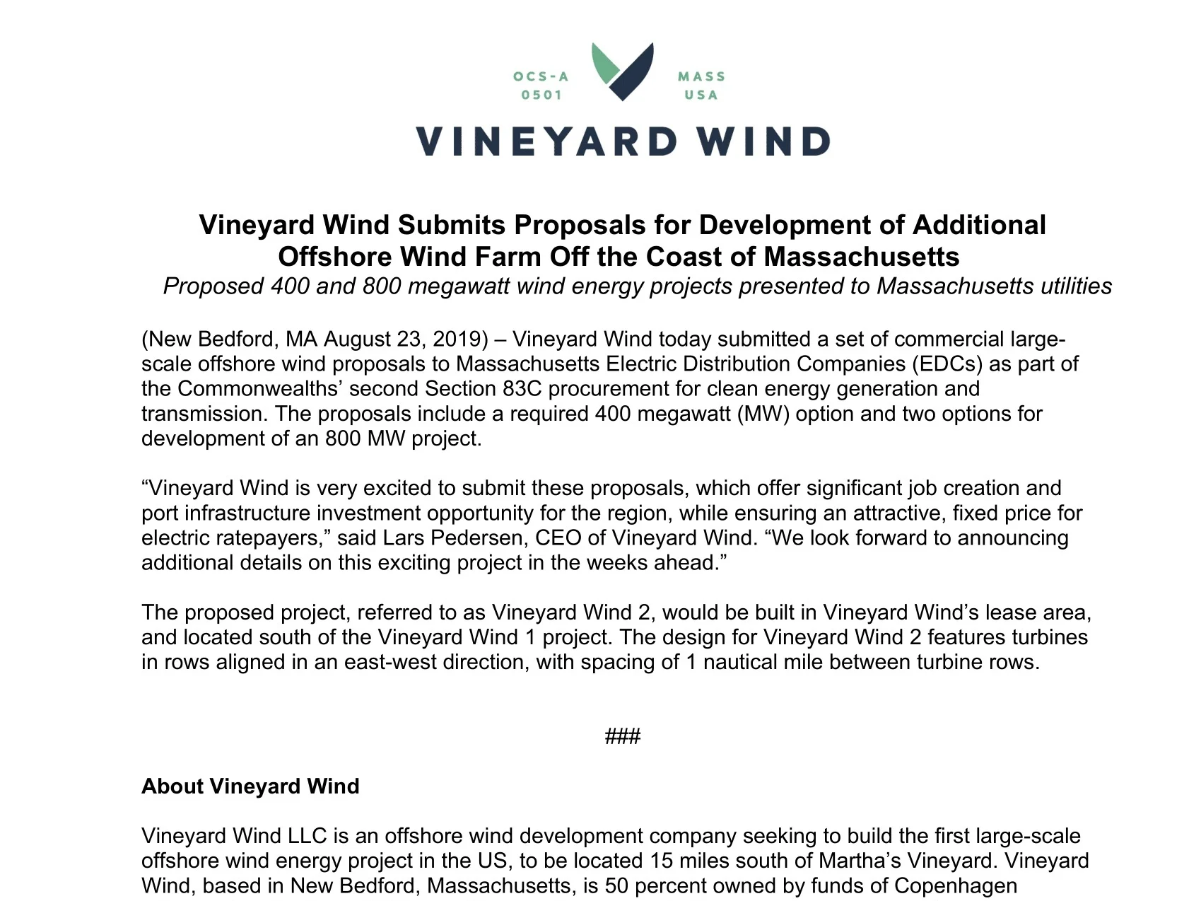 Vineyard Wind Submits Proposals for Development of Additional Offshore Wind Farm Off the Coast of Massachusetts