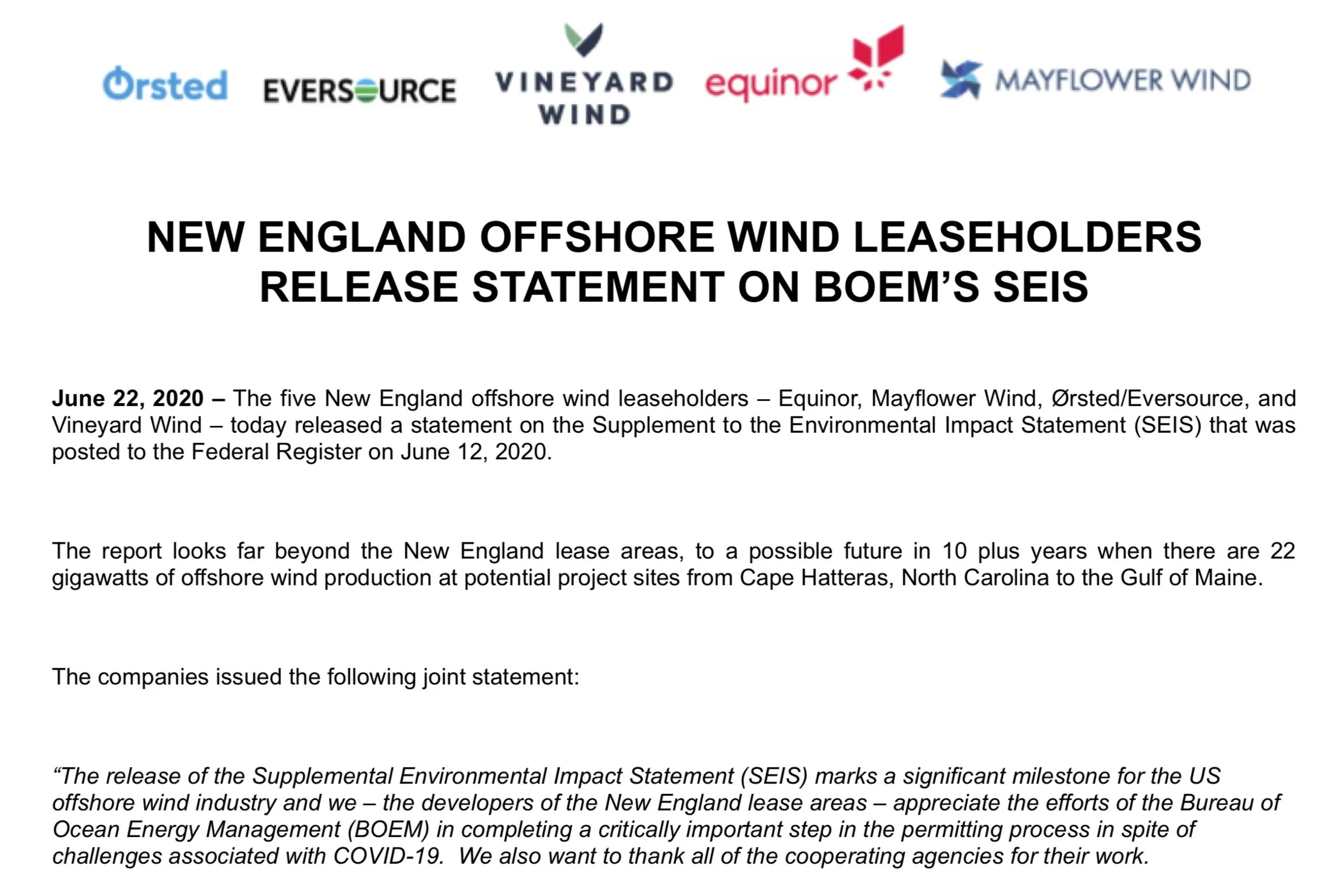 New England Offshore Wind Leaseholders Release Statement on BOEM’S SEIS