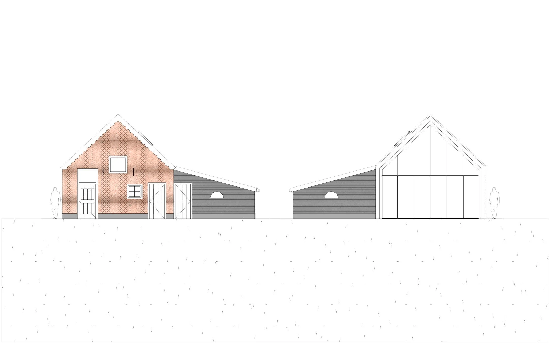 Schuurwoning in wording - het ontwerp.

De voorzijde herbouwen exact zoals die was met dezelfde gevelindeling en elementen, dezelfde verhoudingen en met hergebruikte stenen. 

De achterzijde is een eigentijdse interpretatie: zink, hout, en een glazen