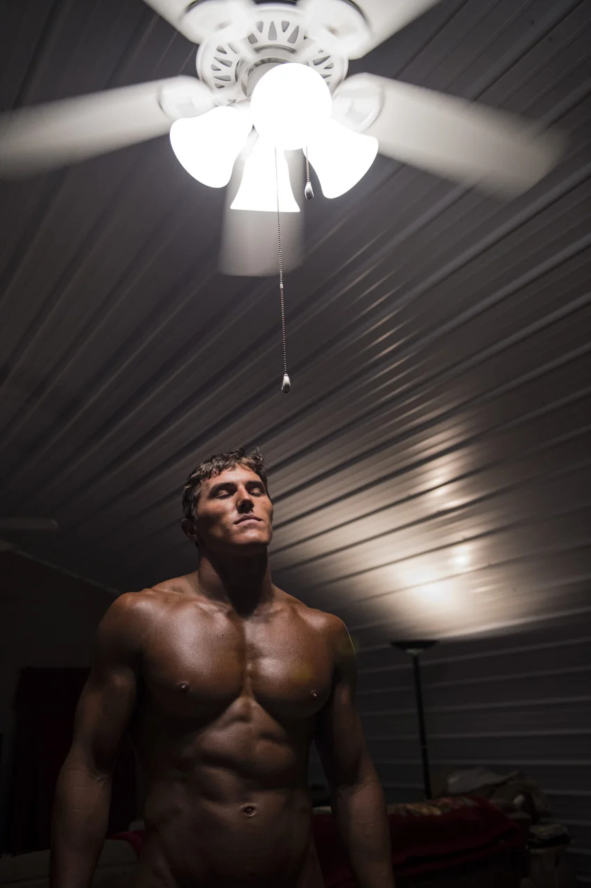  Hawken has to dry his tan which can take up to an hour under the ceiling fan at his parents’ house in Coshocton, Ohio. 