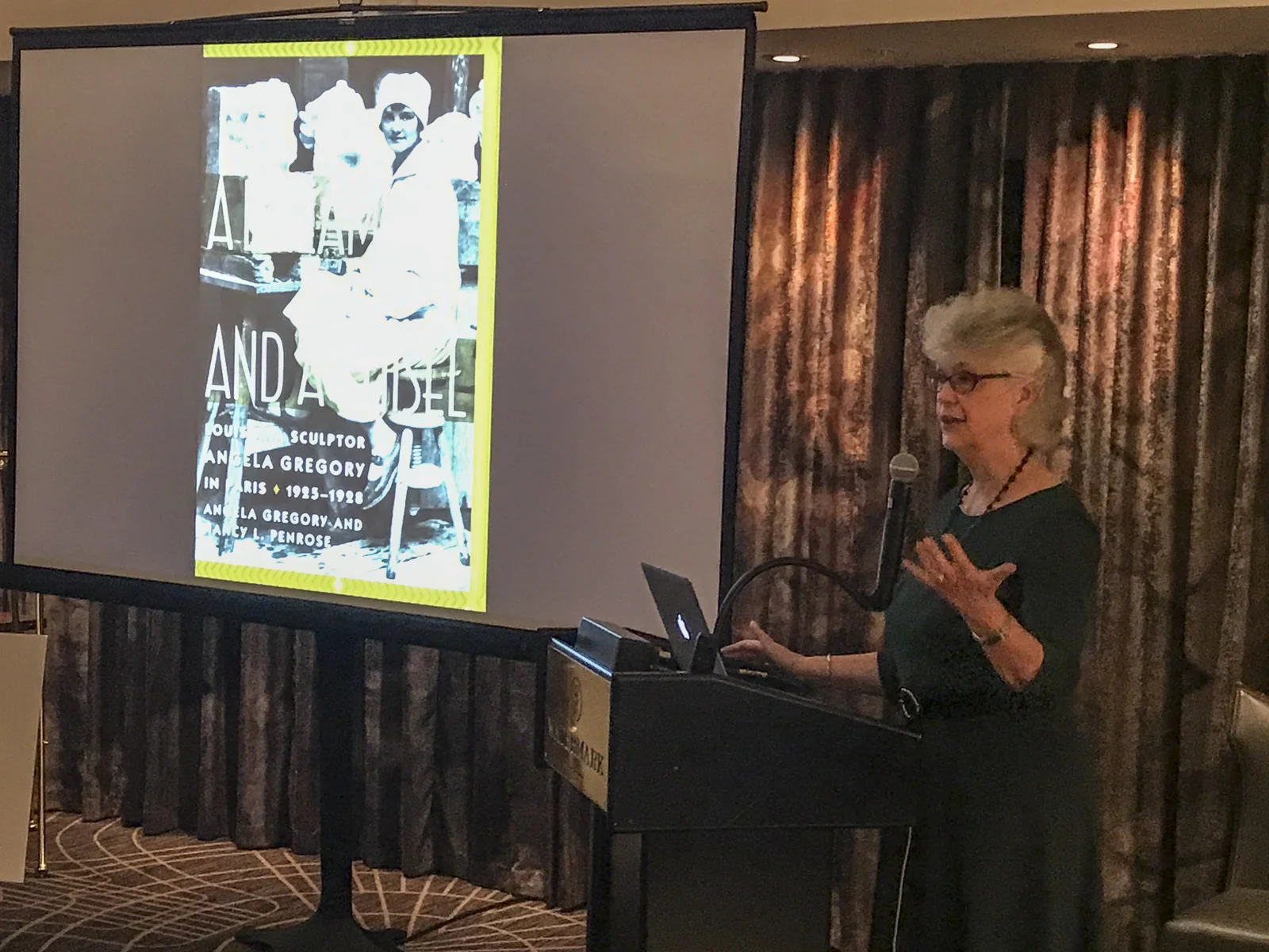 Nancy Penrose, co-author, speaking in The Gregory restaurant, Watermark Hotel, Baton Rouge, at the launch of A Dream and a Chisel , 7 February 2019. 