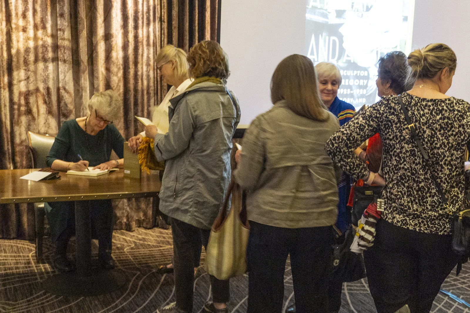 Nancy Penrose, co-author, speaking in The Gregory restaurant, Watermark Hotel, Baton Rouge, at the launch of A Dream and a Chisel , 7 February 2019. 